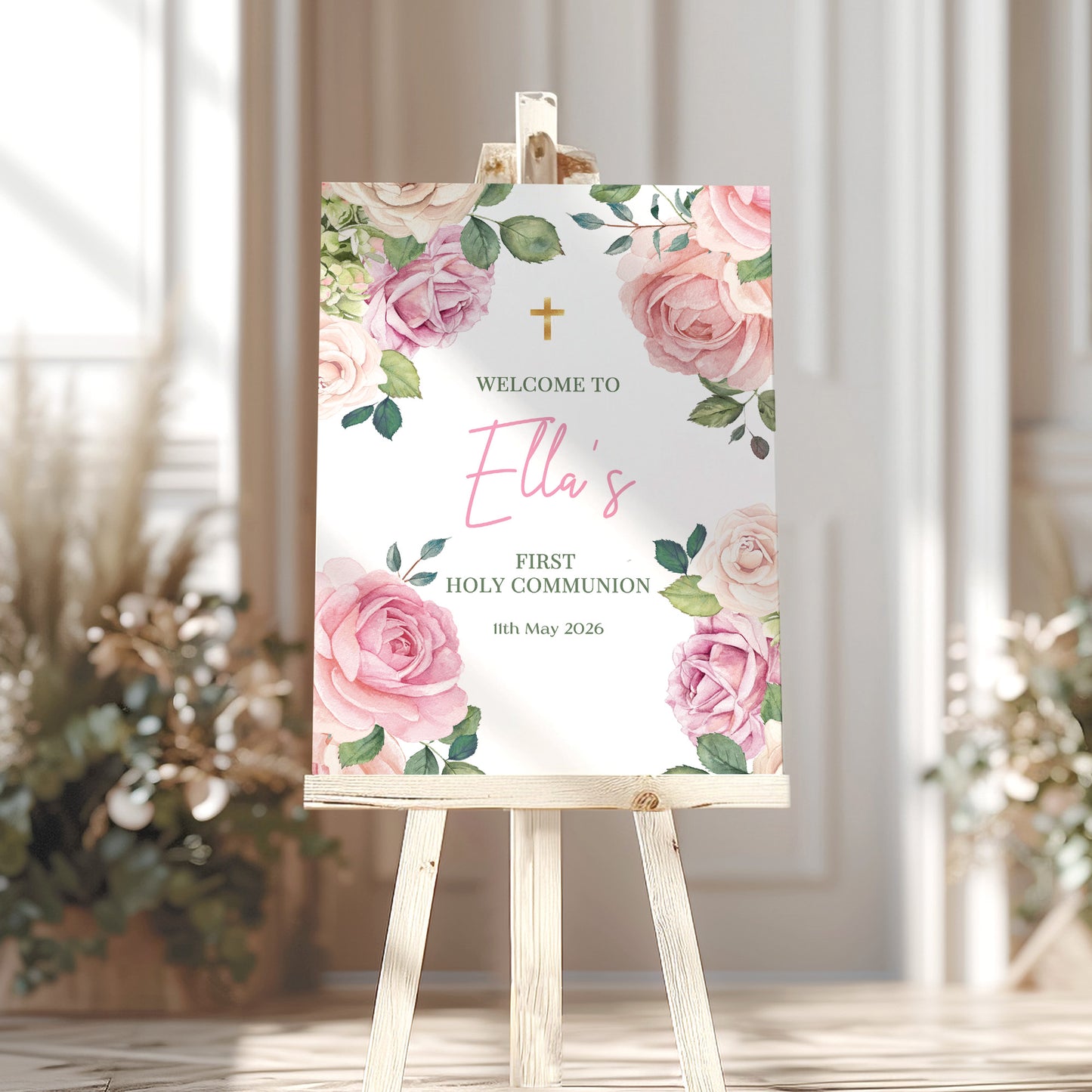 Pink Roses First Holy Communion Welcome Sign
