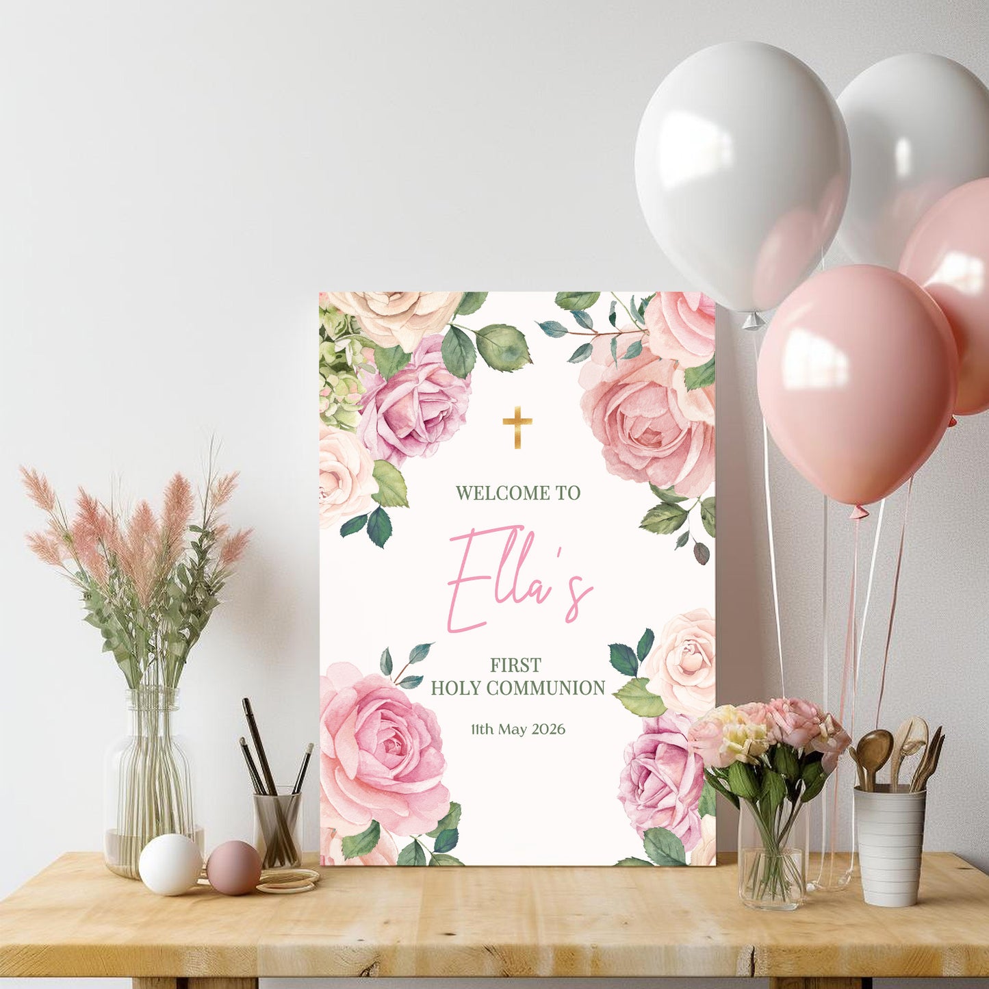 Pink Roses First Holy Communion Welcome Sign