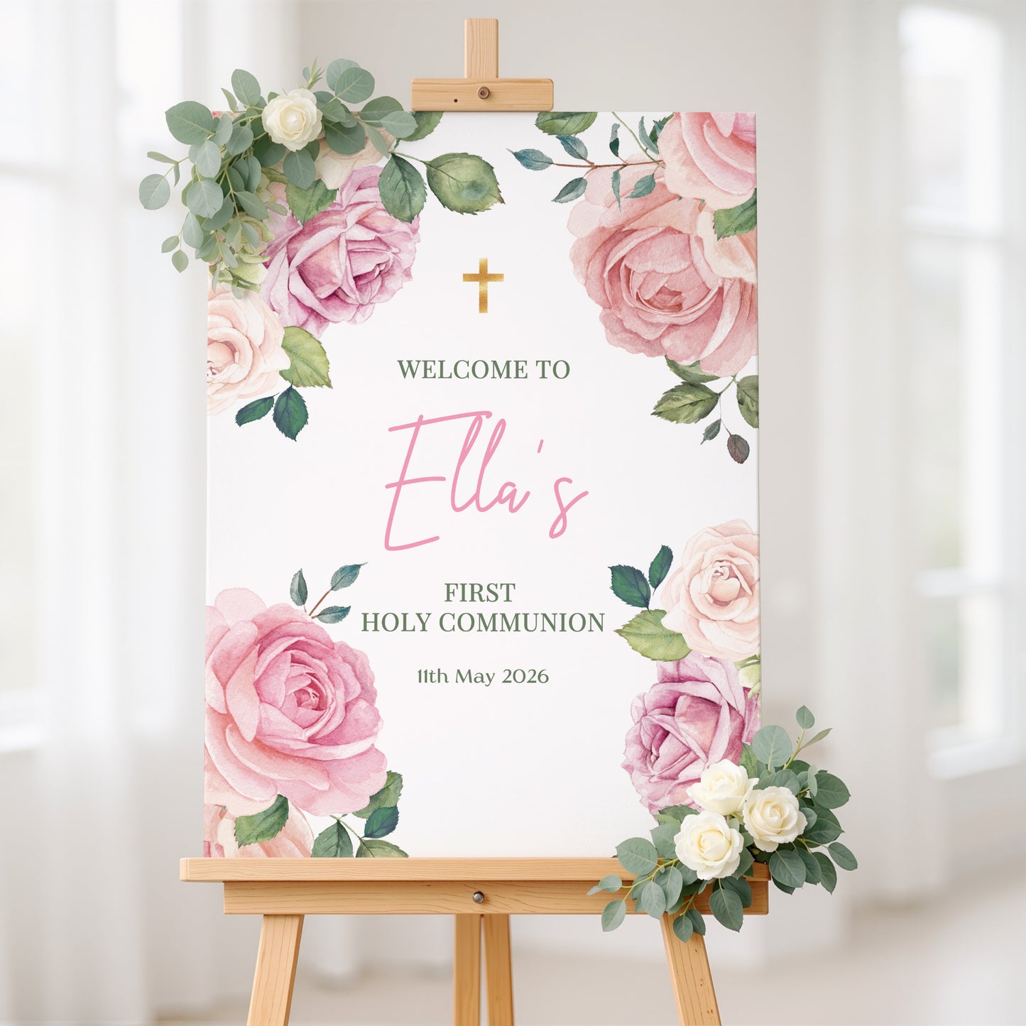 Pink Roses First Holy Communion Welcome Sign