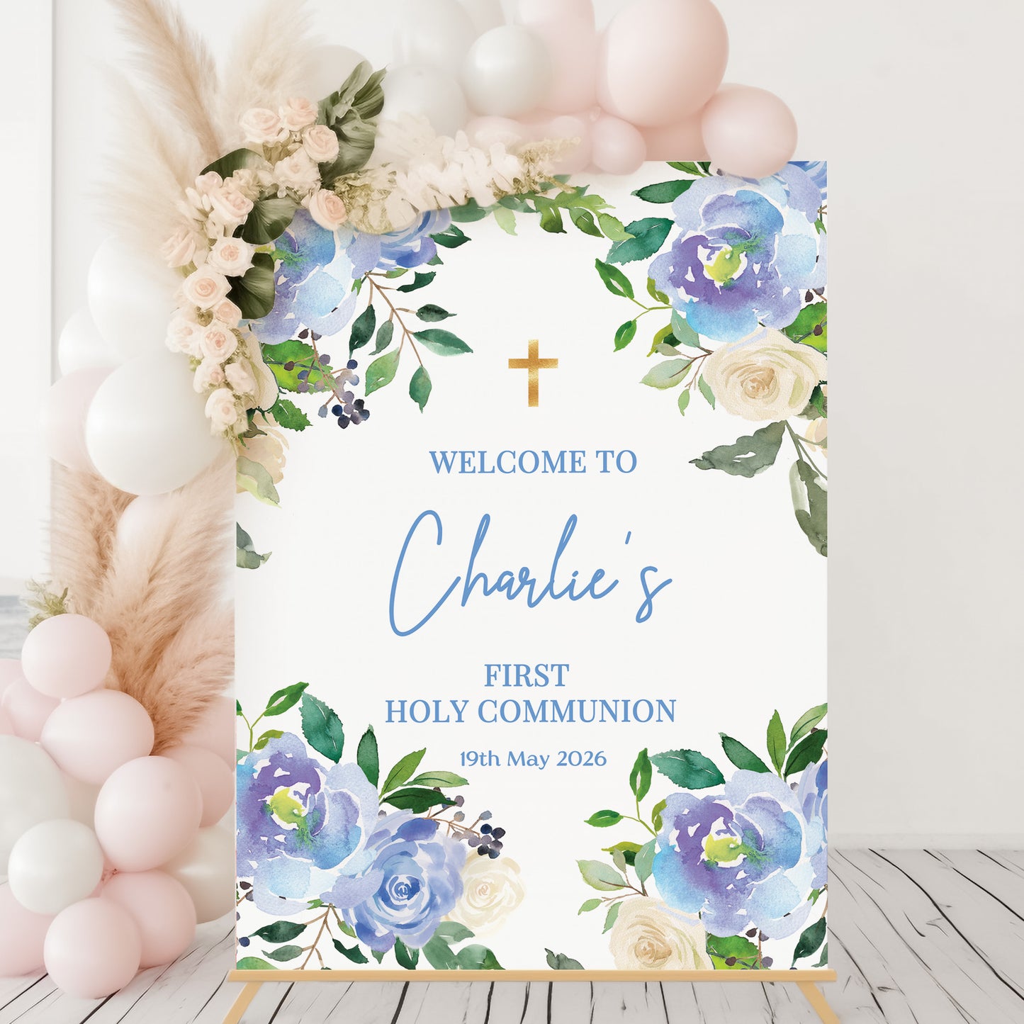 Blue Floral First Holy Communion Welcome Sign