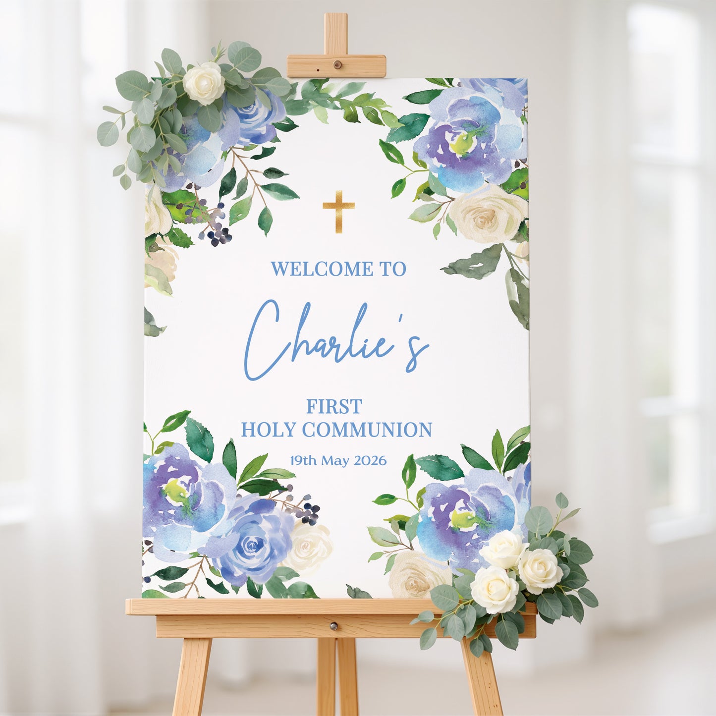 Blue Floral First Holy Communion Welcome Sign