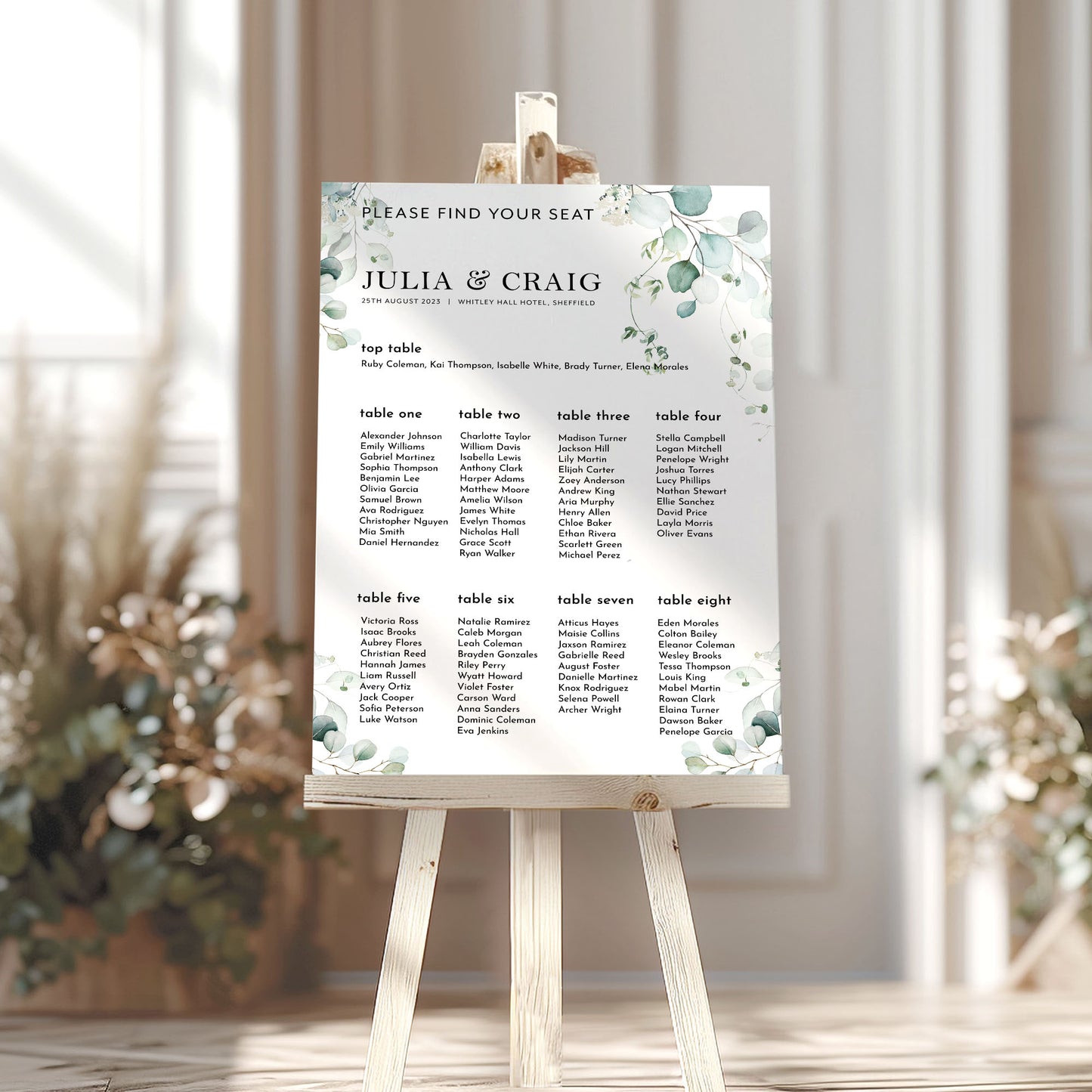 Eucalyptus Wedding Seating Plan Sign