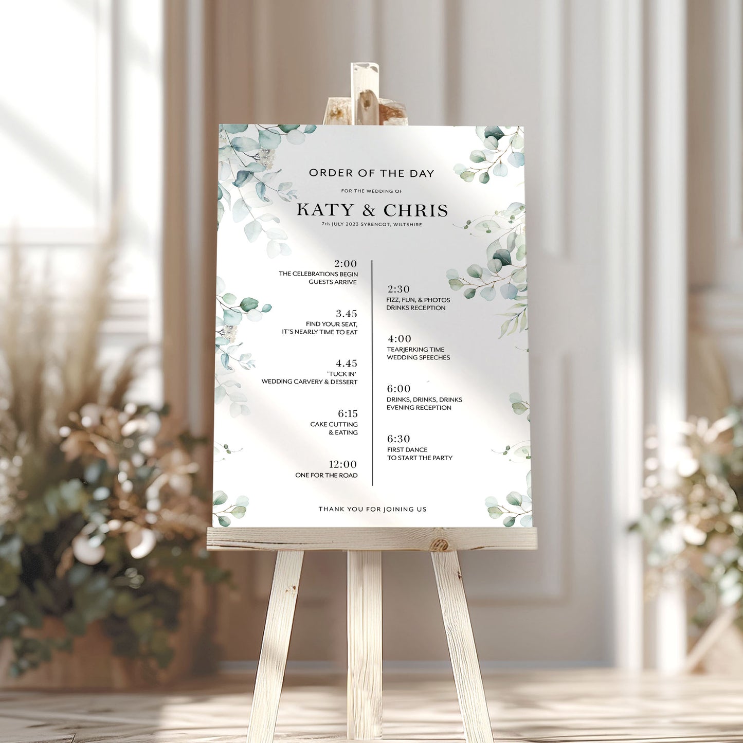 Eucalyptus Wedding Timeline Sign, Order of Events