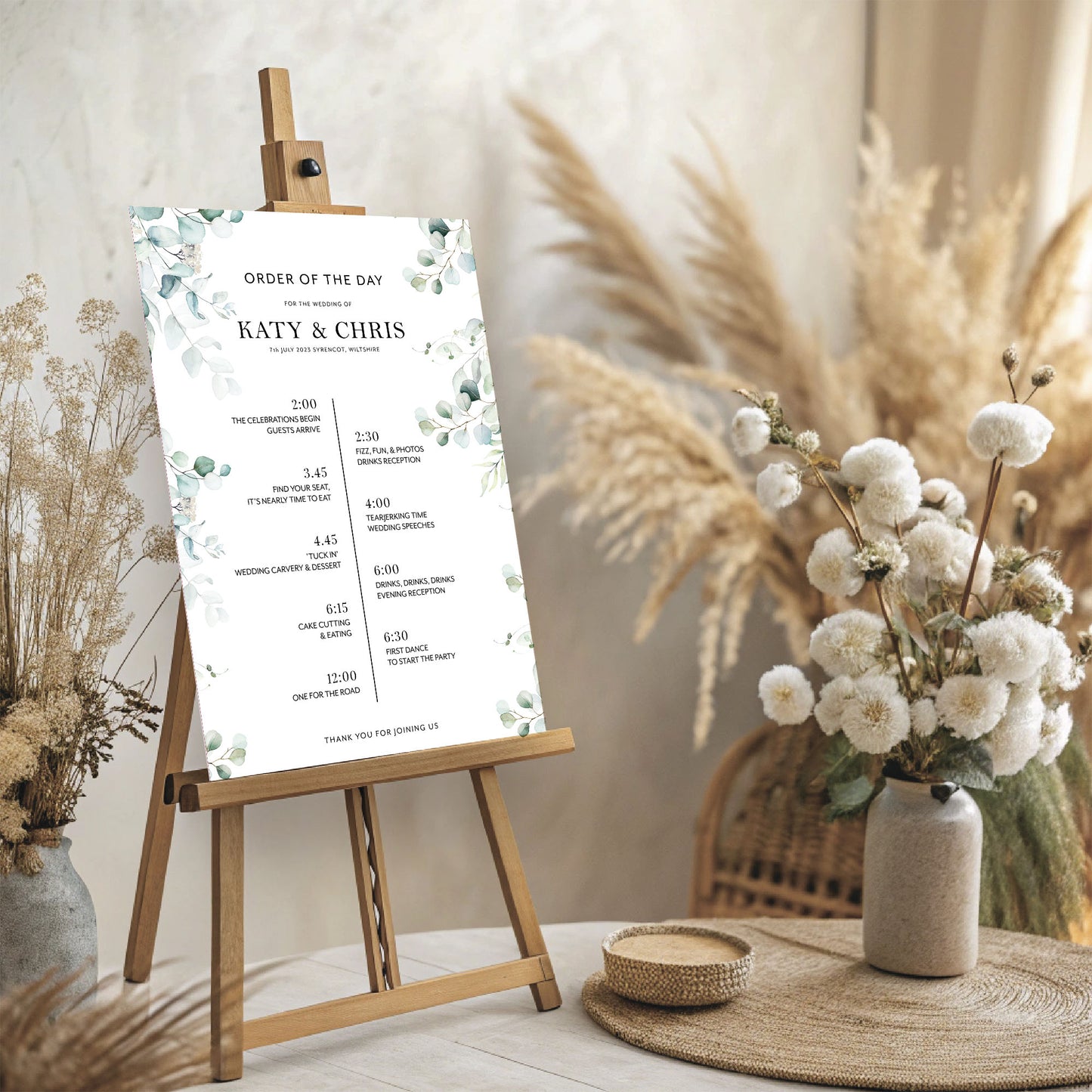 Eucalyptus Wedding Timeline Sign, Order of Events