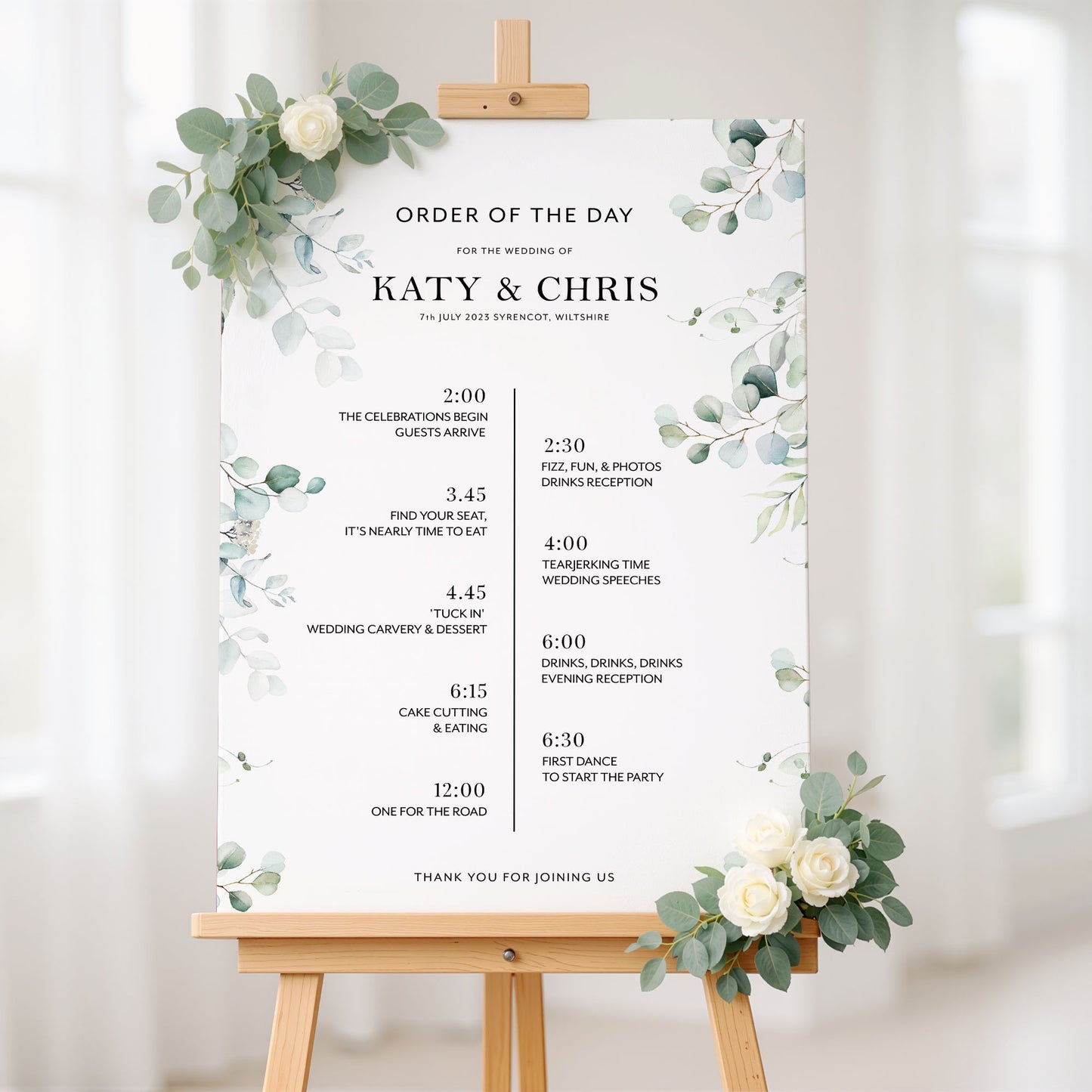 Eucalyptus Wedding Timeline Sign, Order of Events