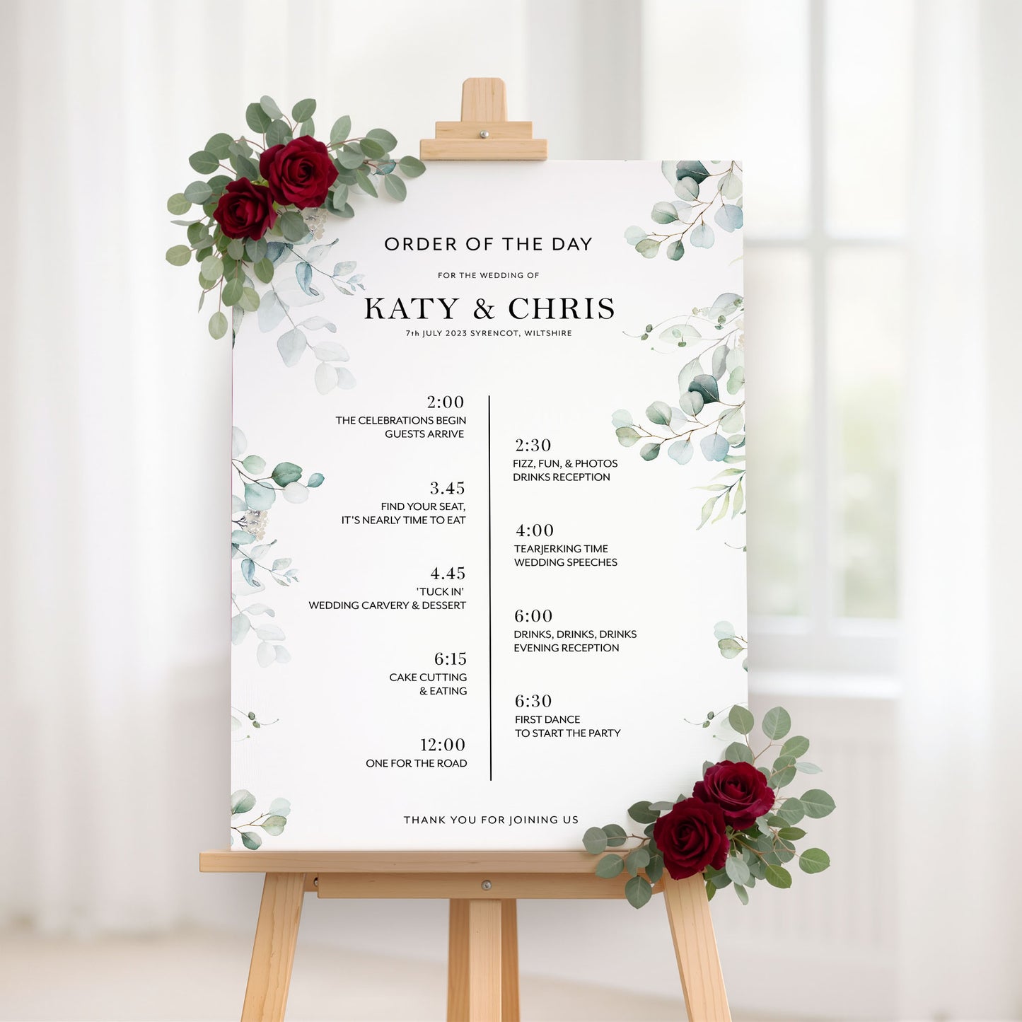 Eucalyptus Wedding Timeline Sign, Order of Events
