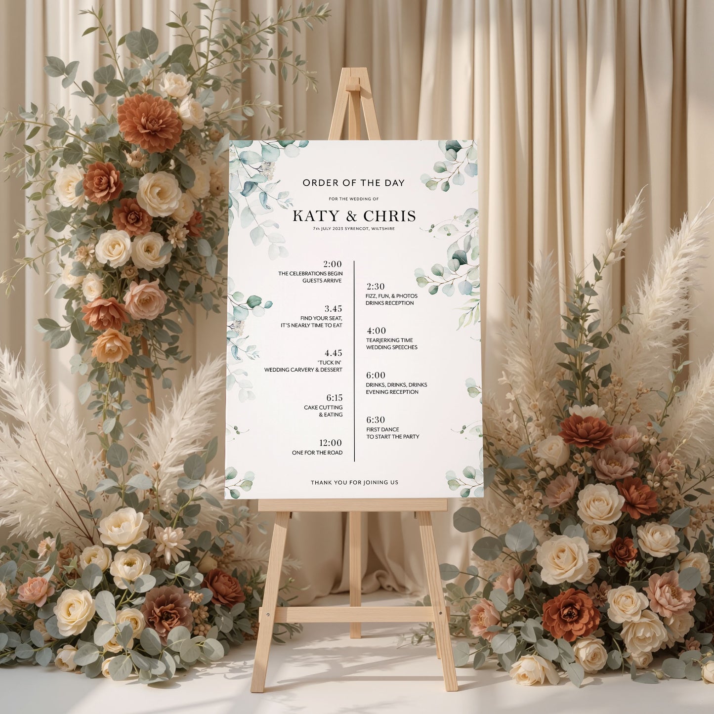 Eucalyptus Wedding Timeline Sign, Order of Events