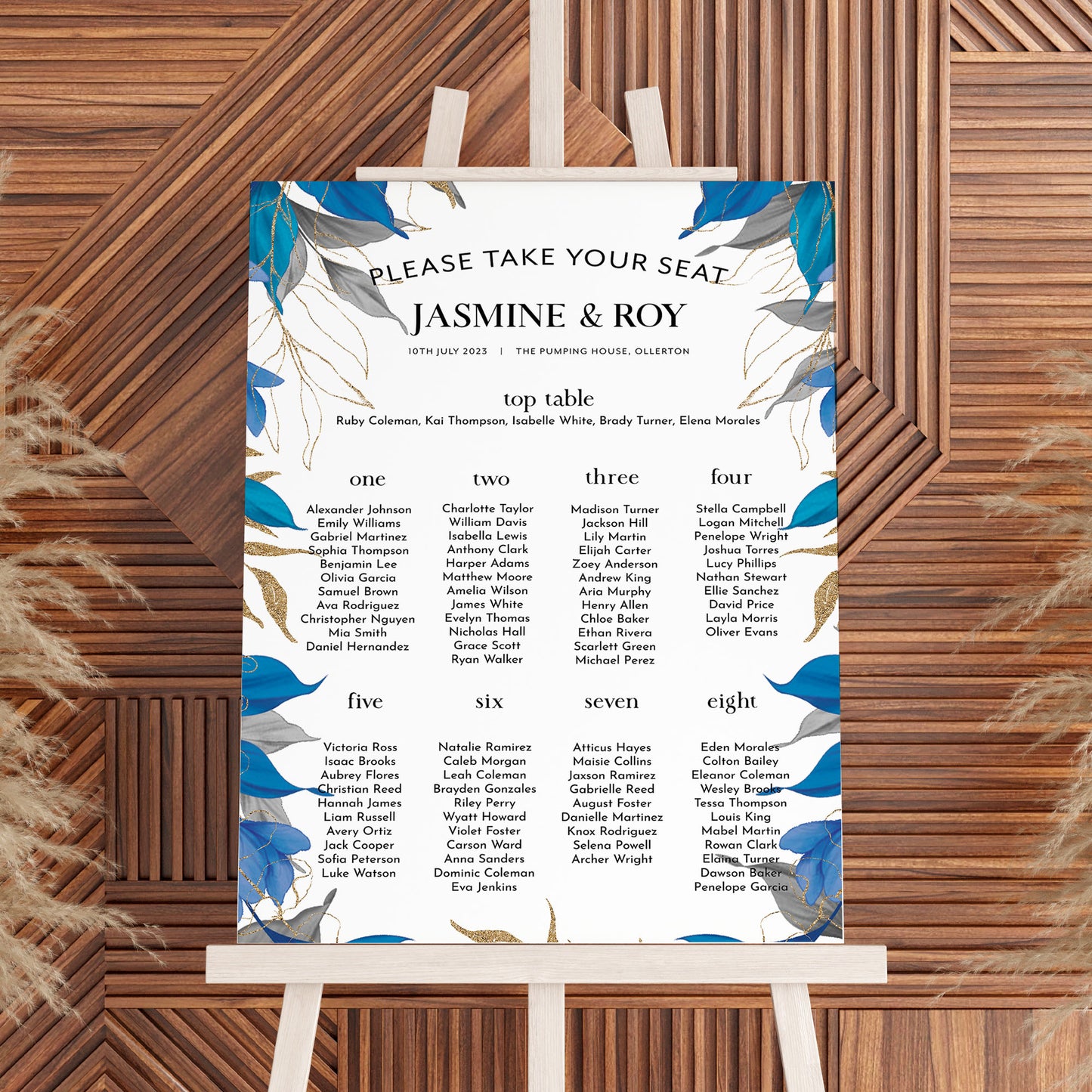 Blue, Grey and Gold Leaves Wedding Seating Plan