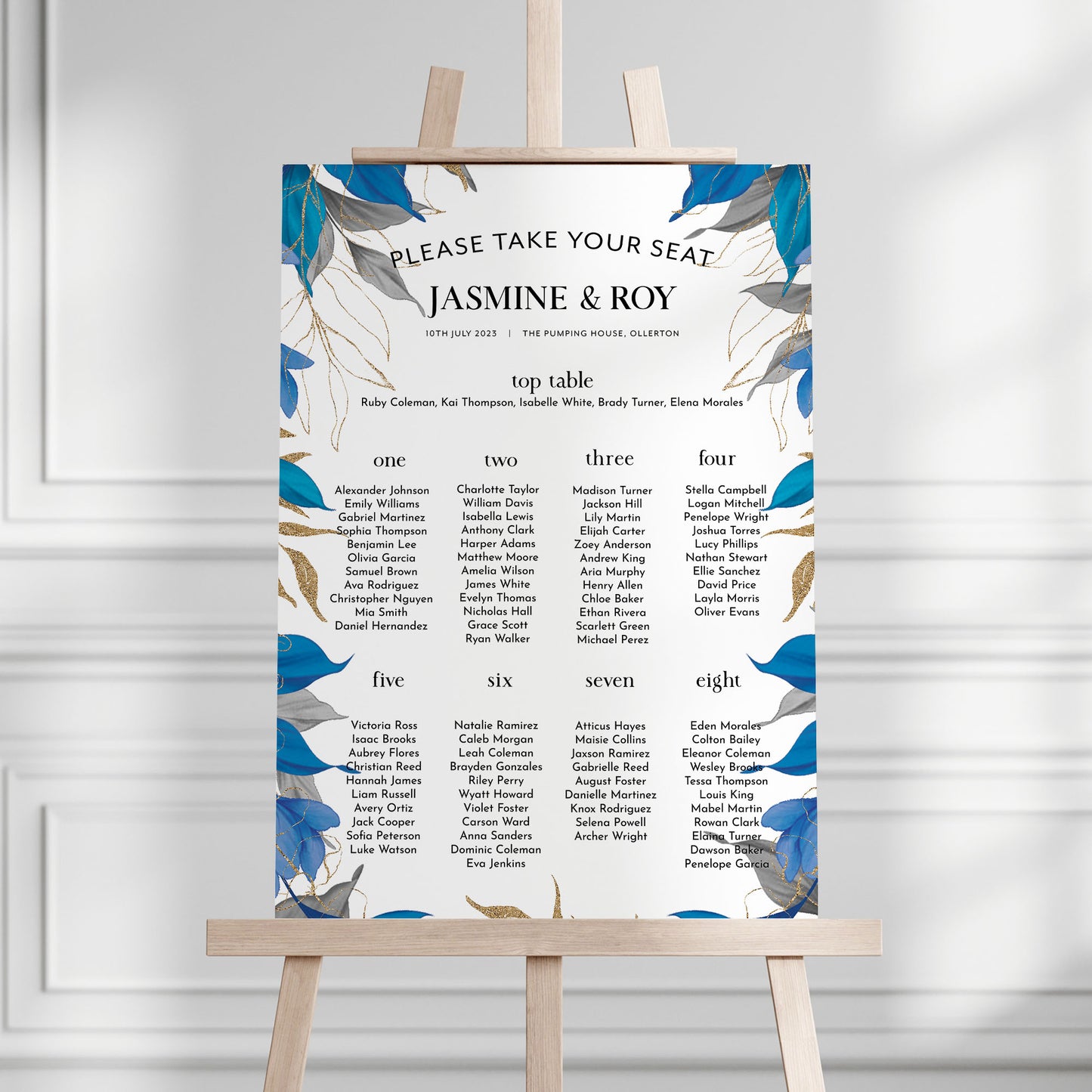 Blue, Grey and Gold Leaves Wedding Seating Plan