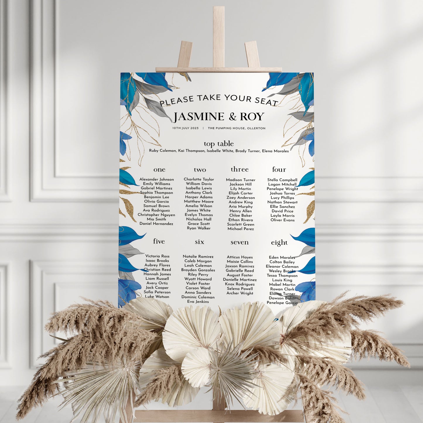 Blue, Grey and Gold Leaves Wedding Seating Plan