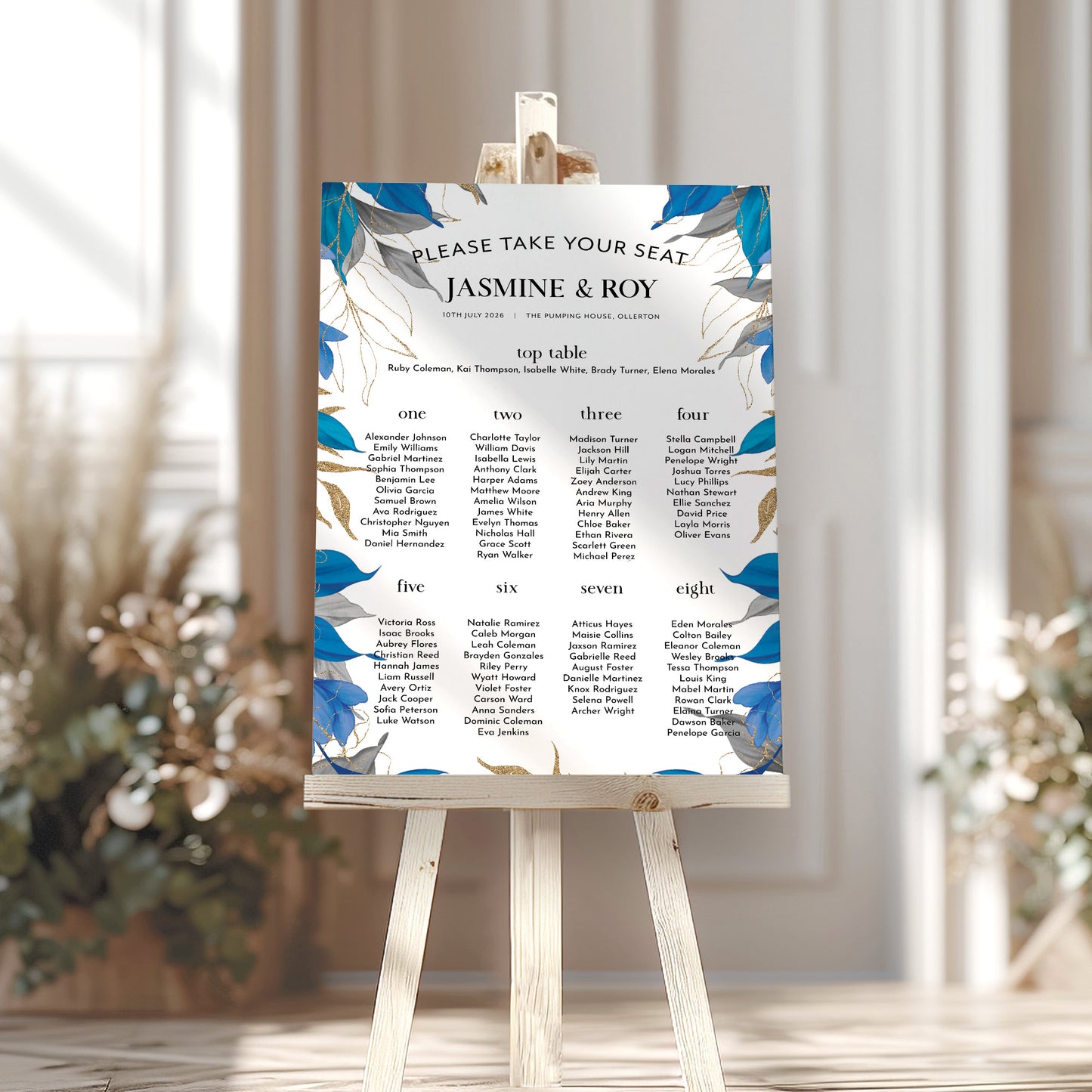Blue, Grey and Gold Leaves Wedding Seating Plan