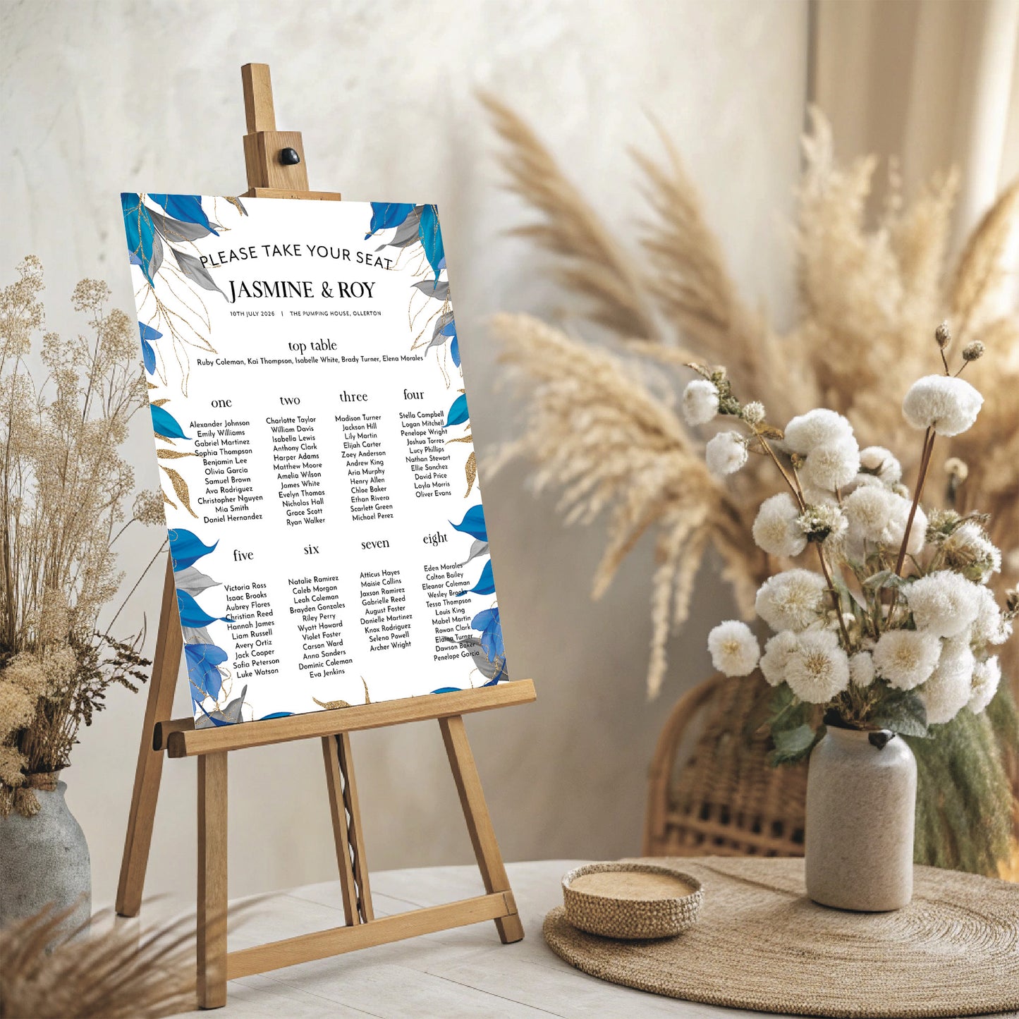 Blue, Grey and Gold Leaves Wedding Seating Plan