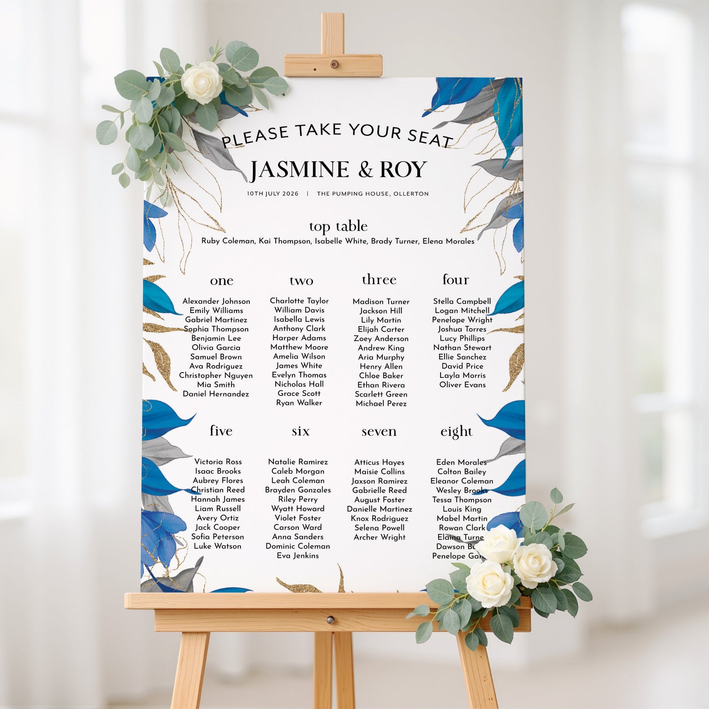 Blue, Grey and Gold Leaves Wedding Seating Plan