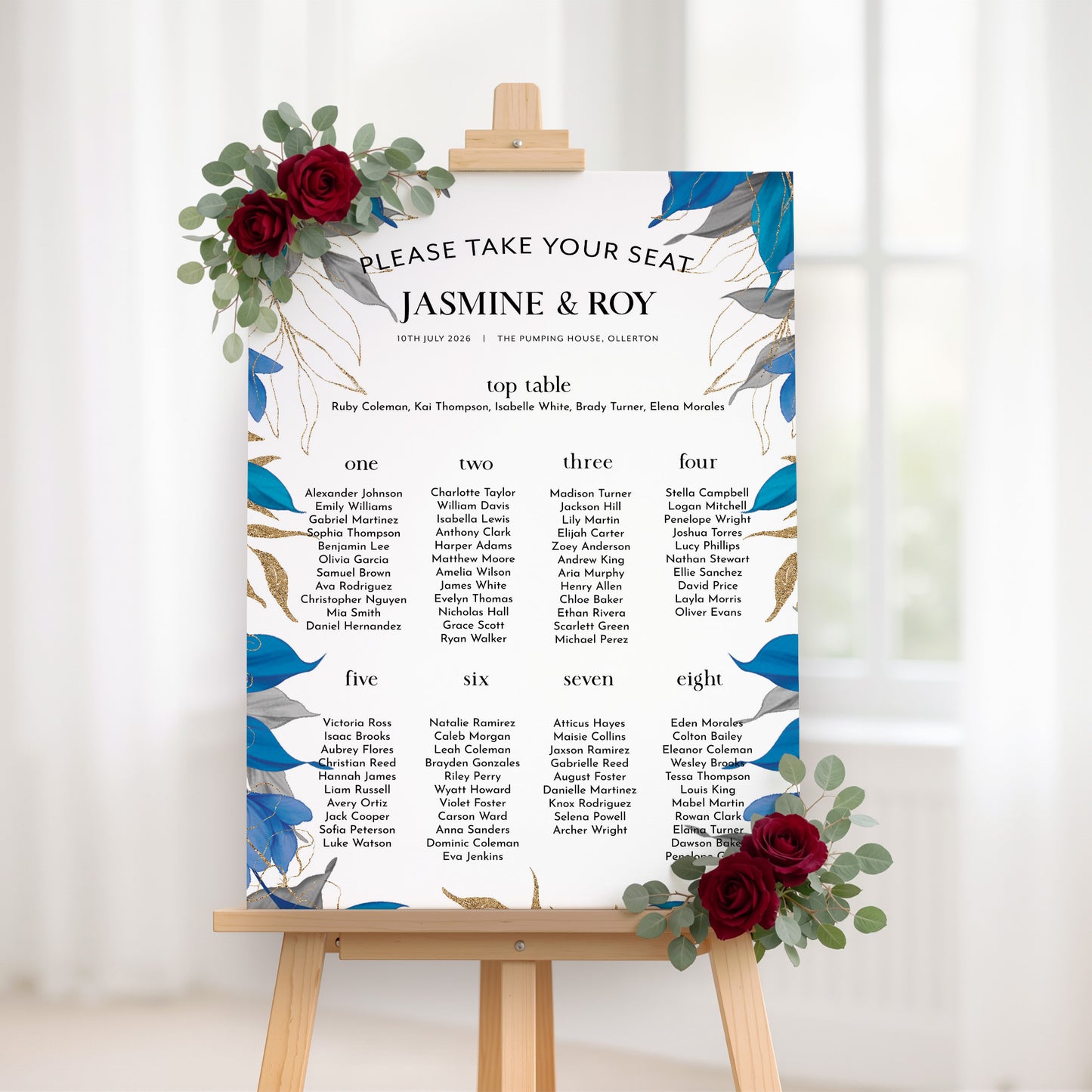 Blue, Grey and Gold Leaves Wedding Seating Plan