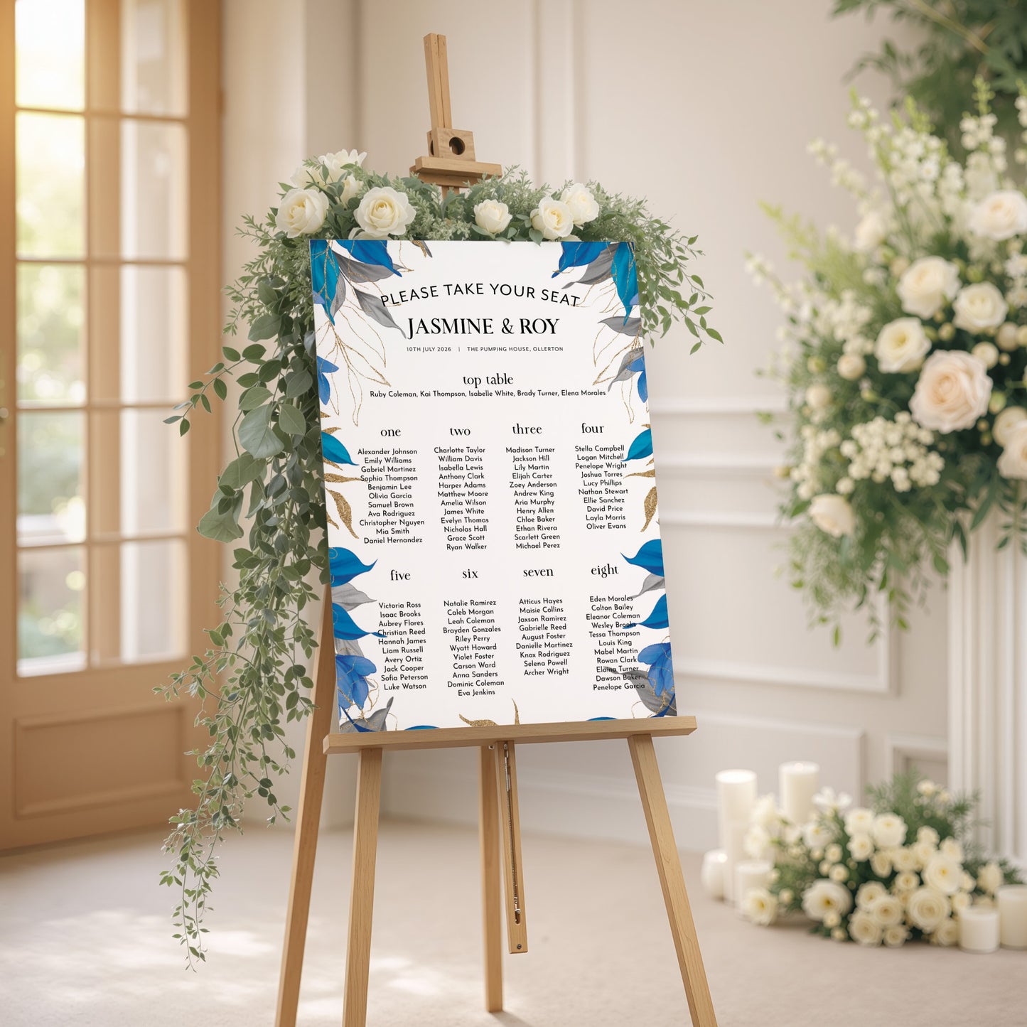 Blue, Grey and Gold Leaves Wedding Seating Plan