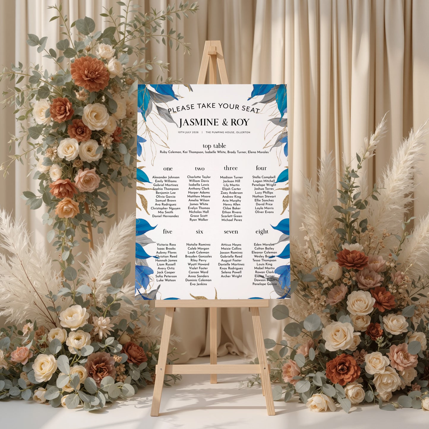 Blue, Grey and Gold Leaves Wedding Seating Plan