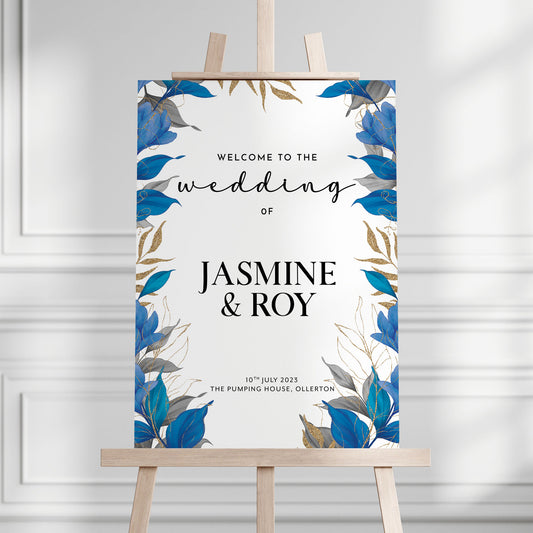 Blue, Grey and Gold Leaves Wedding Welcome Sign