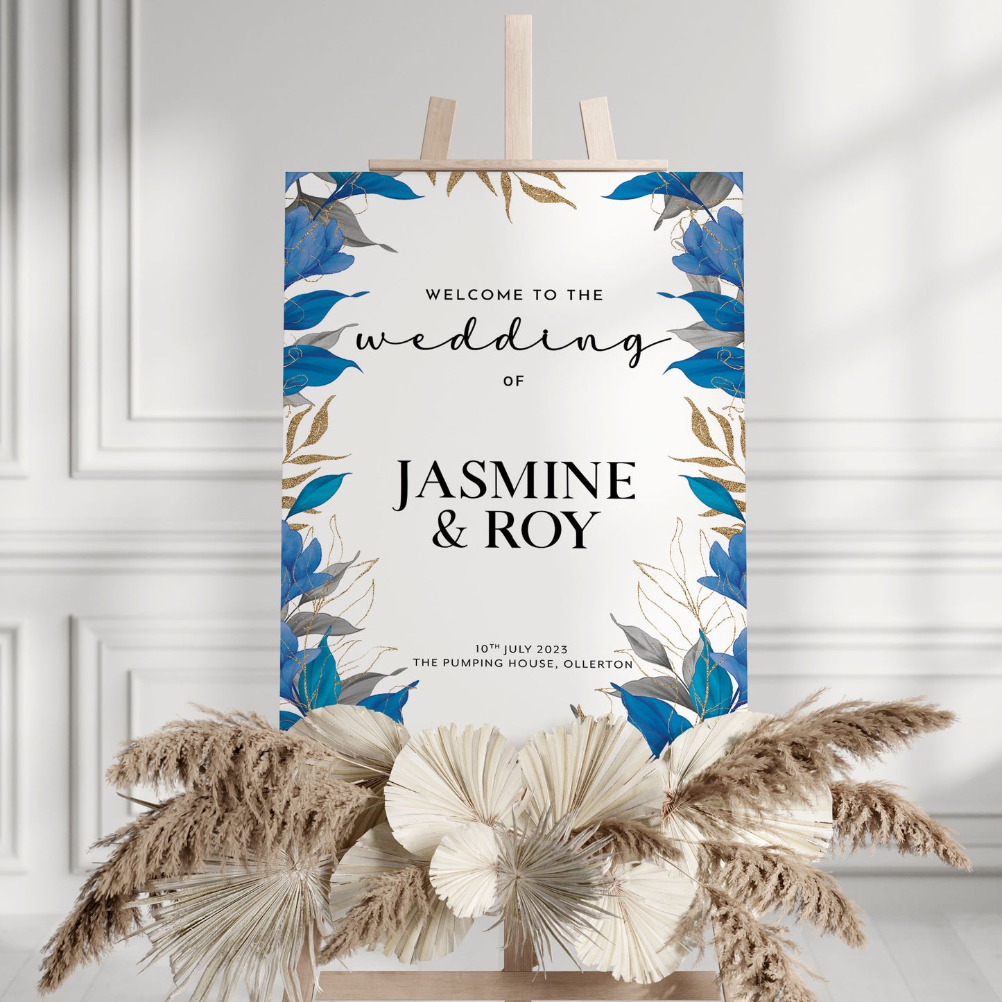 Blue, Grey and Gold Leaves Wedding Welcome Sign