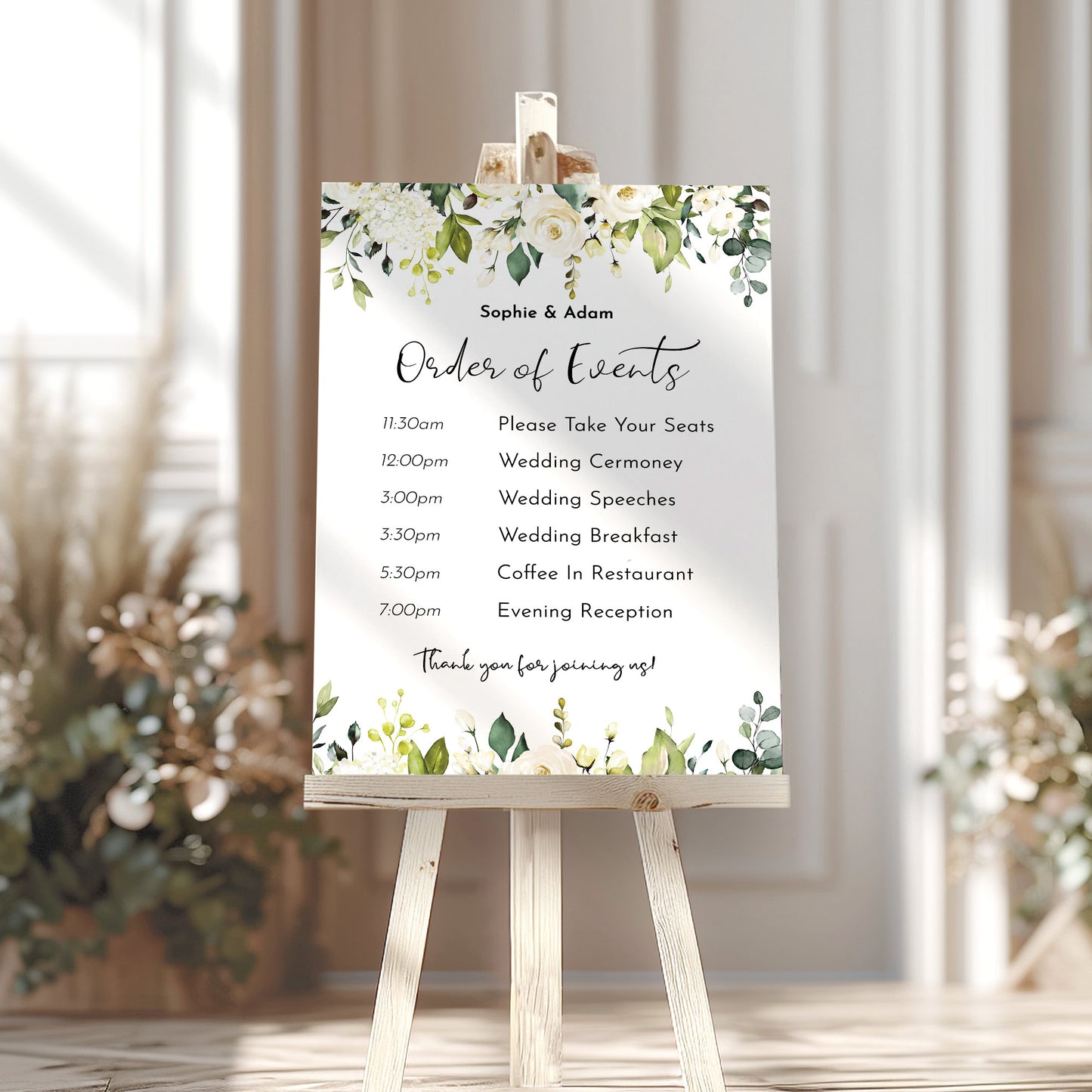 WHITE ROSE Wedding Order of Events Sign