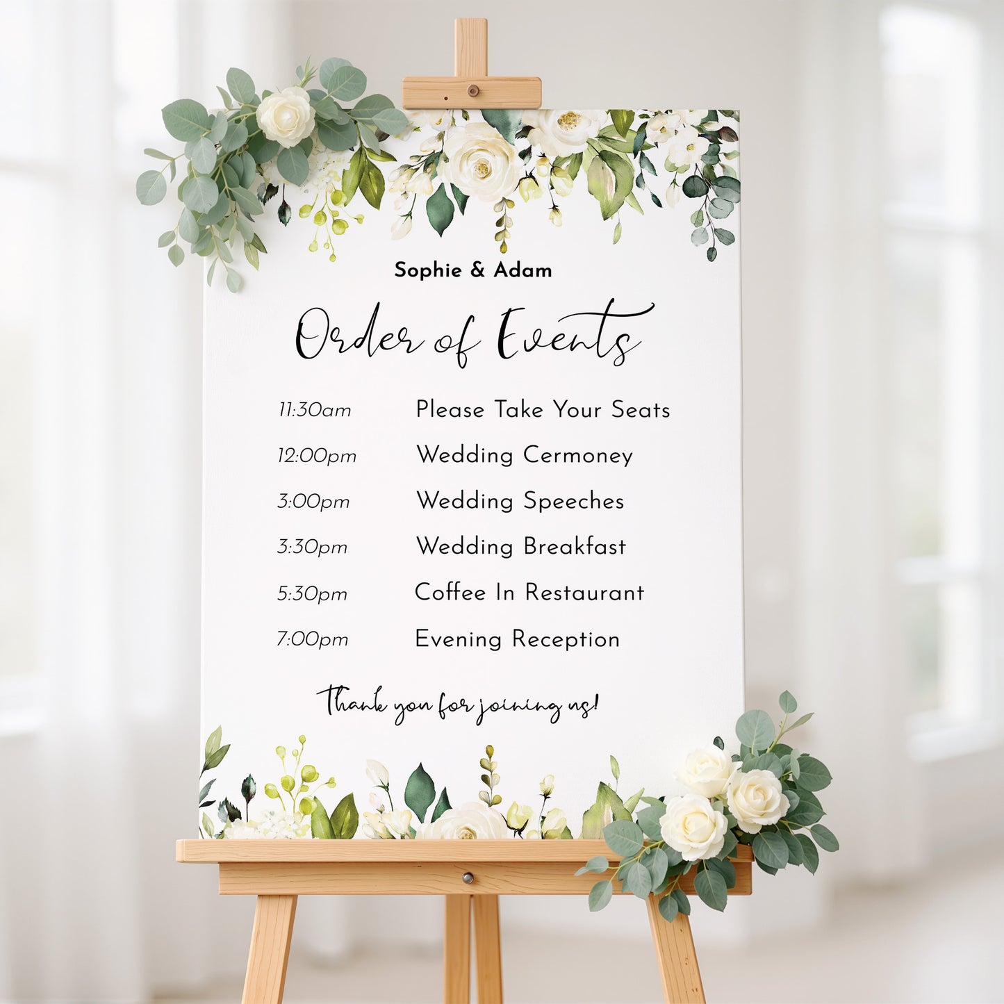 WHITE ROSE Wedding Order of Events Sign