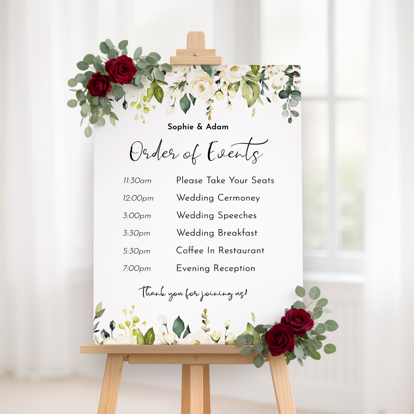 WHITE ROSE Wedding Order of Events Sign