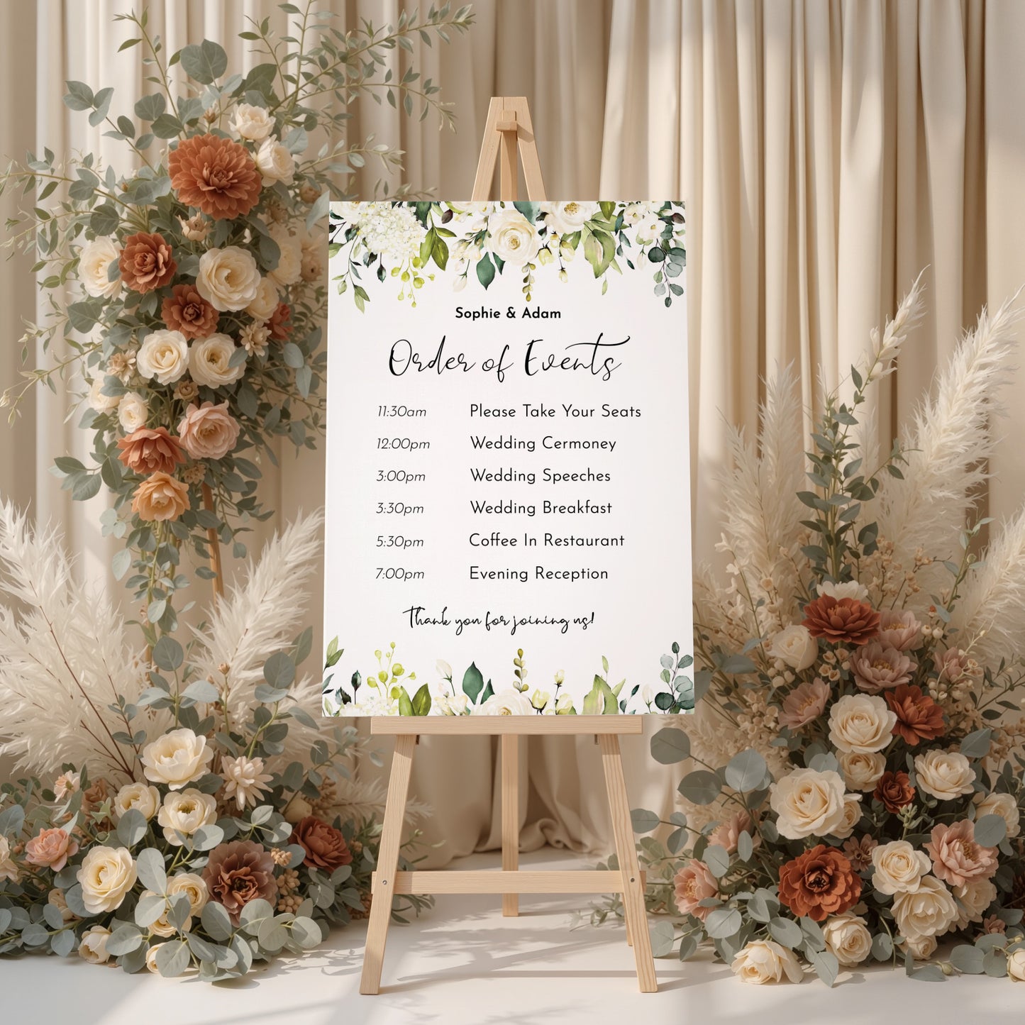 WHITE ROSE Wedding Order of Events Sign