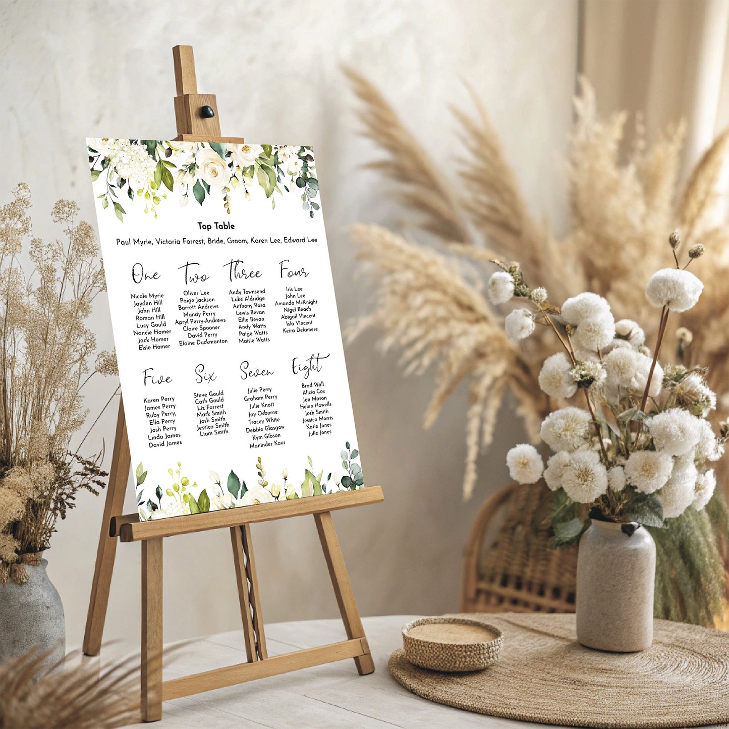 White Rose Floral Portrait Wedding Seating Plan Sign