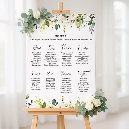 White Rose Floral Portrait Wedding Seating Plan Sign