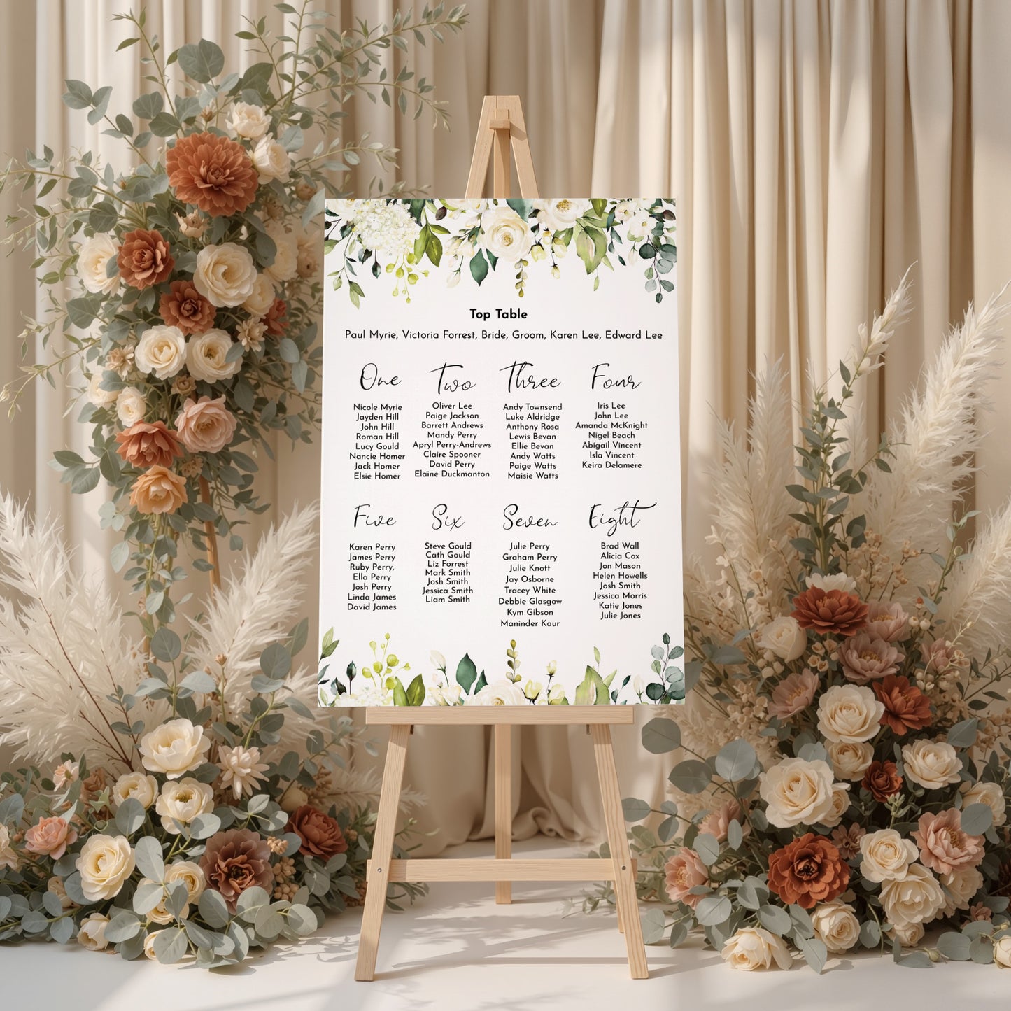 White Rose Floral Portrait Wedding Seating Plan Sign