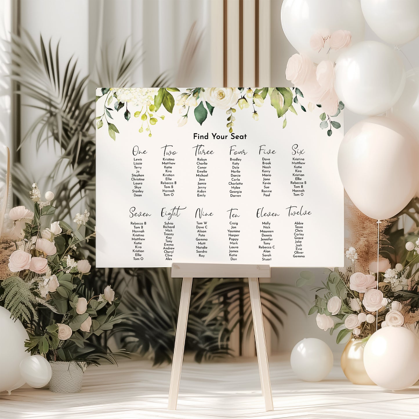 White Rose Wedding Seating Plan Sign