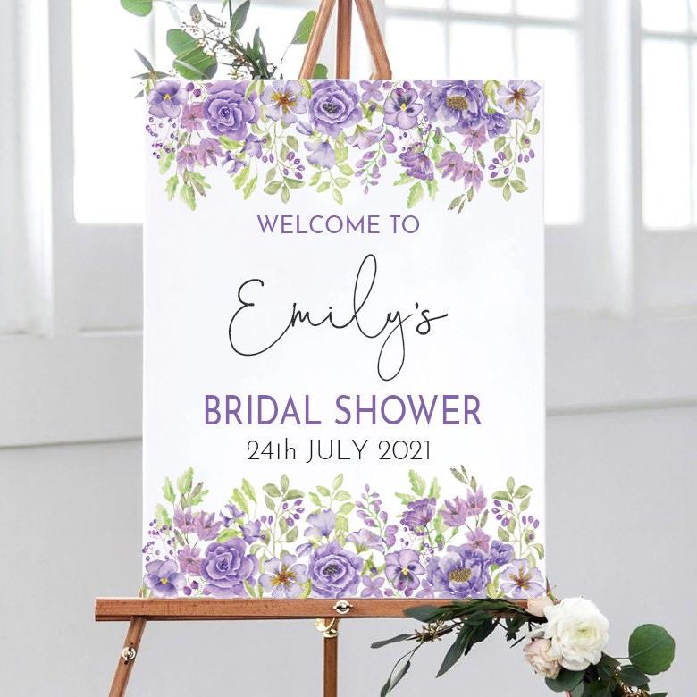 Bridal Shower Welcome Sign, Floral Welcome Sign, Digital, Printed, Bridal Shower Decorations, Purple Bridal Shower Sign, Hen Party Sign