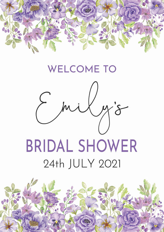 Bridal Shower Welcome Sign, Floral Welcome Sign, Digital, Printed, Bridal Shower Decorations, Purple Bridal Shower Sign, Hen Party Sign