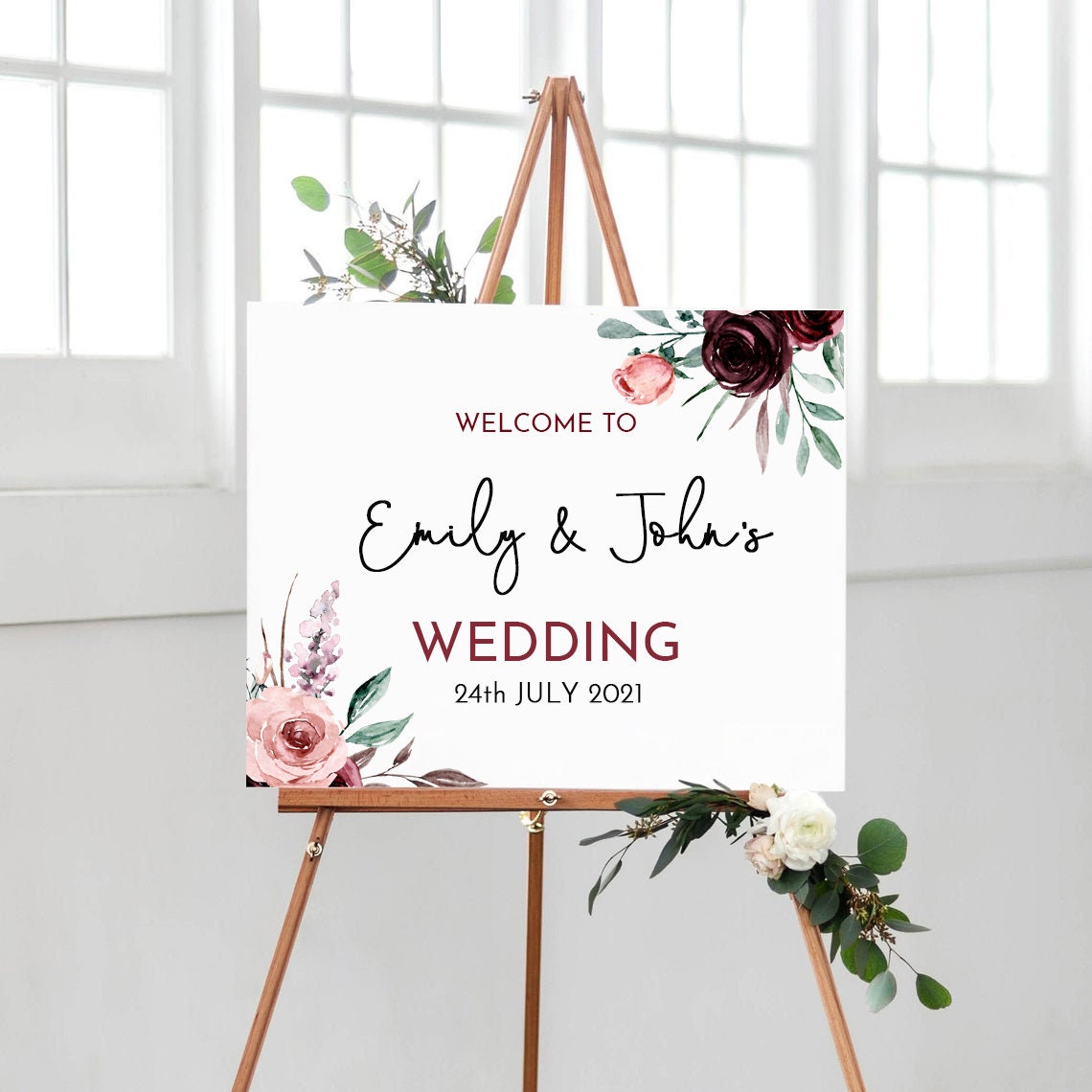 Welcome Wedding Sign, Burgundy Floral Welcome Sign, Floral Wedding Decorations, Gold and Red Floral Wedding Sign, Welcome to our Wedding