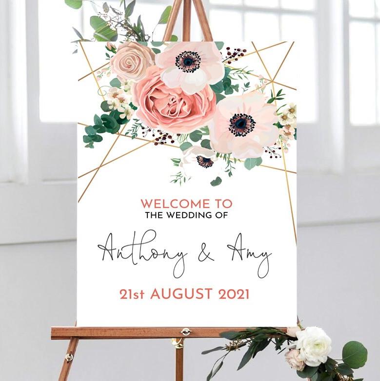 Welcome Wedding Sign, Blush Pink Wedding, Peach Floral Welcome Sign, Digital Sign, Floral Wedding Decorations, Gold and Pink Wedding Sign