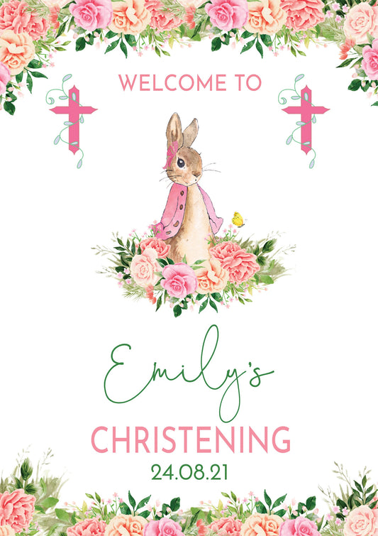 Flopsy Rabbit Christening Welcome Sign, Baptism Celebration Sign, Pink Rabbit Girls Christening Sign, Pink Christening Sign