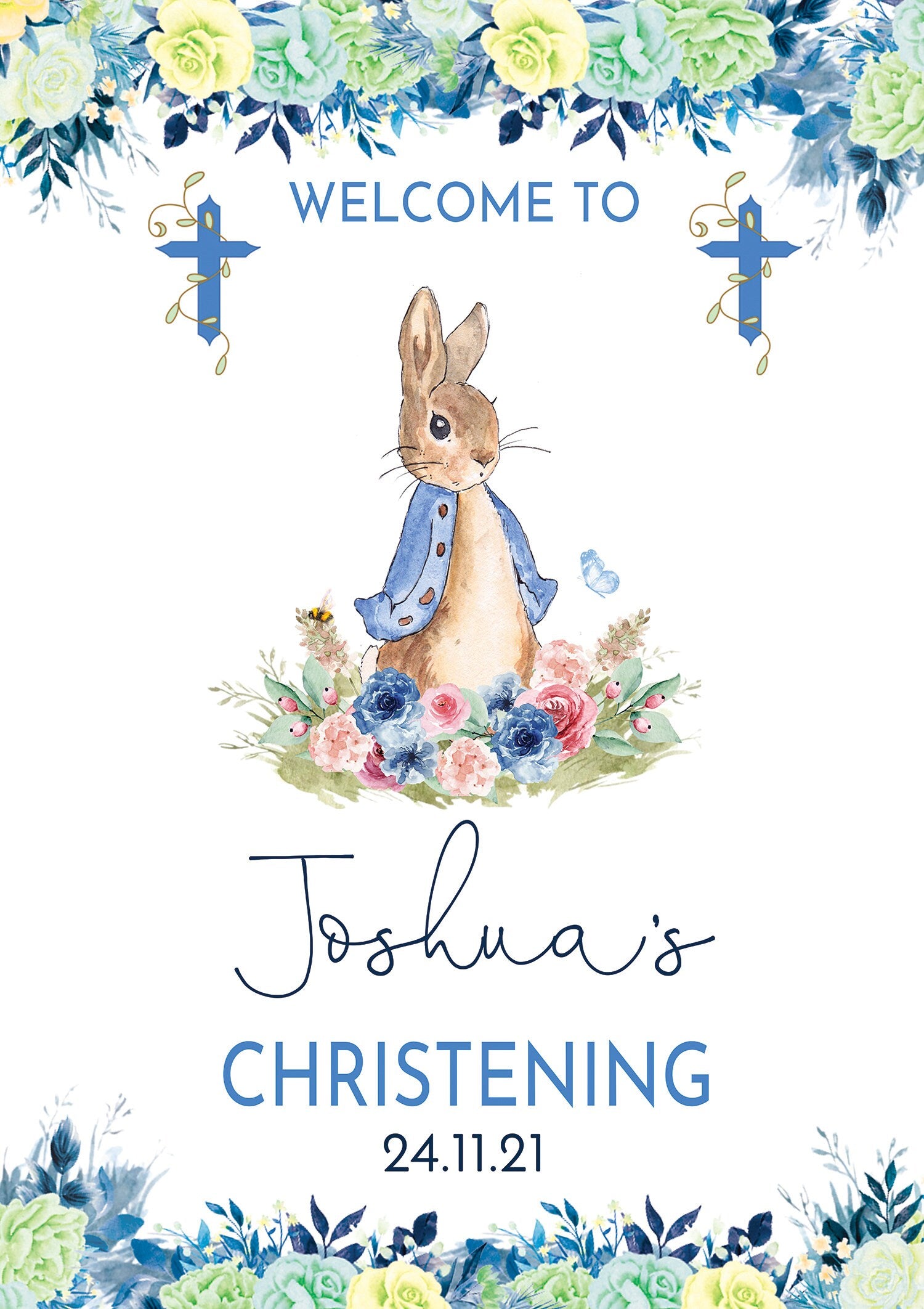 Welcome Christening Sign, Kids Baptism Party Sign, Blue Rabbit Boy Christening Sign, Bunny Rabbit Theme Baptism Sign