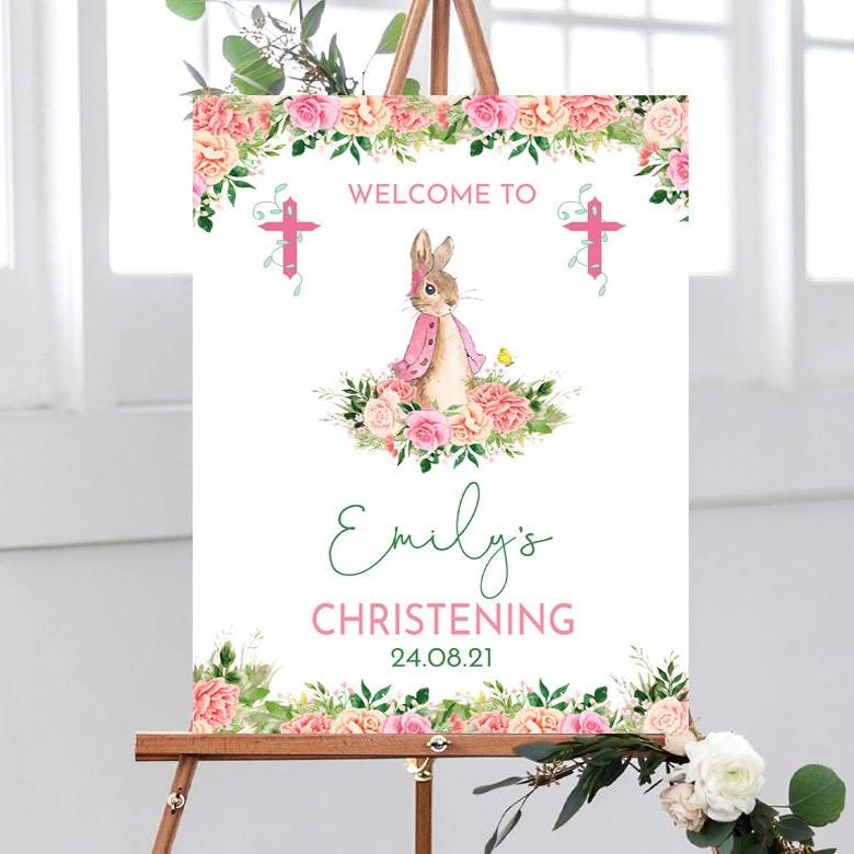 Flopsy Rabbit Christening Welcome Sign, Baptism Celebration Sign, Pink Rabbit Girls Christening Sign, Pink Christening Sign