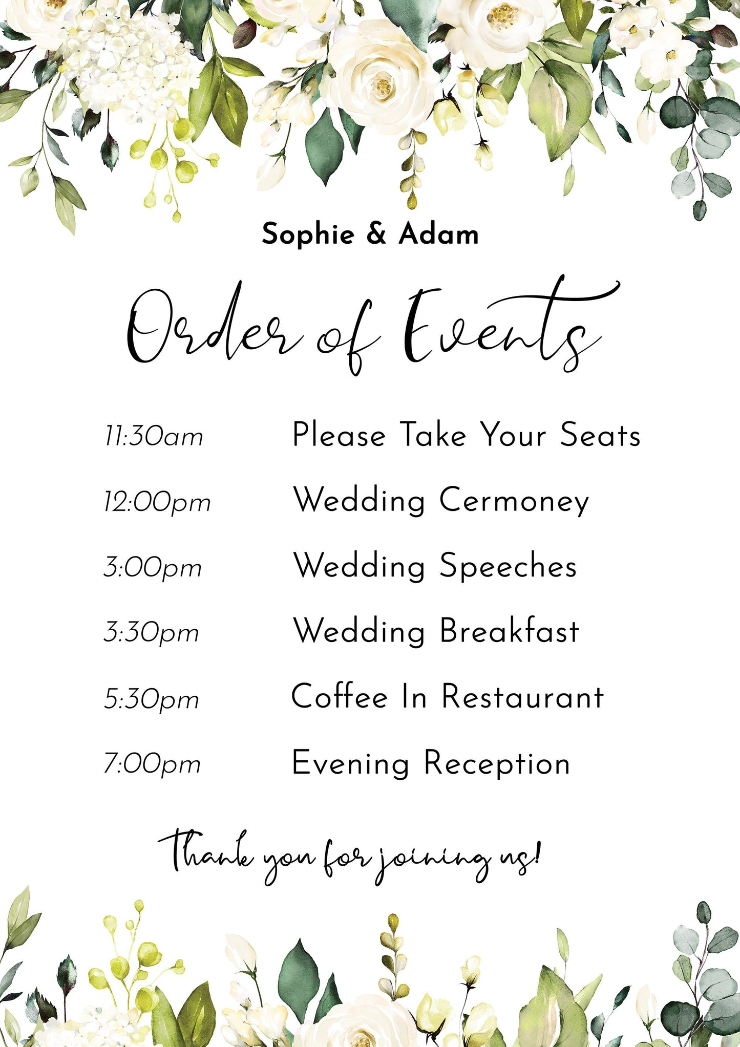 WHITE ROSE Wedding Order of Events, Wedding Timeline Sign, White Roses Wedding Order of Events