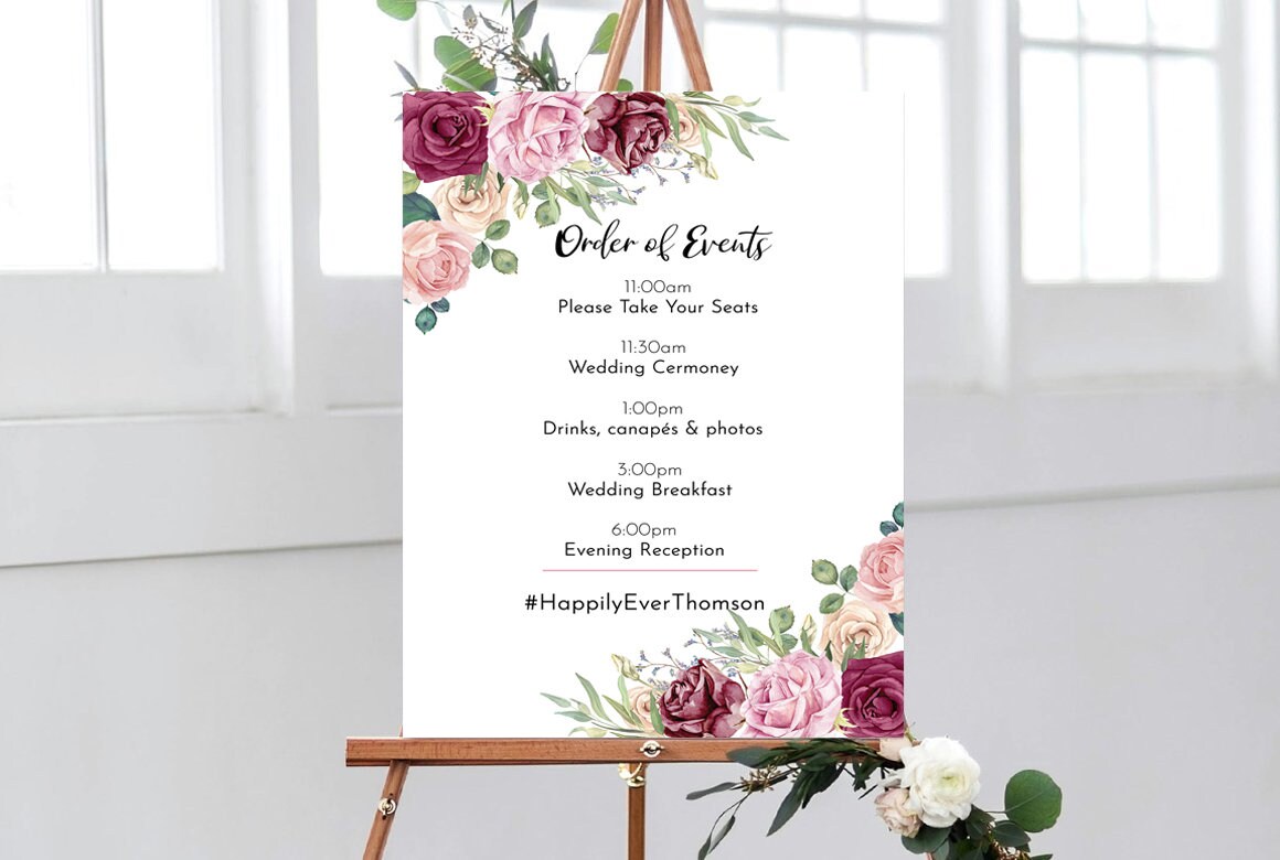 BLUSH ROSE Wedding Order of Events, Wedding Timeline Sign, Dusky Pink Floral Wedding Order of Events