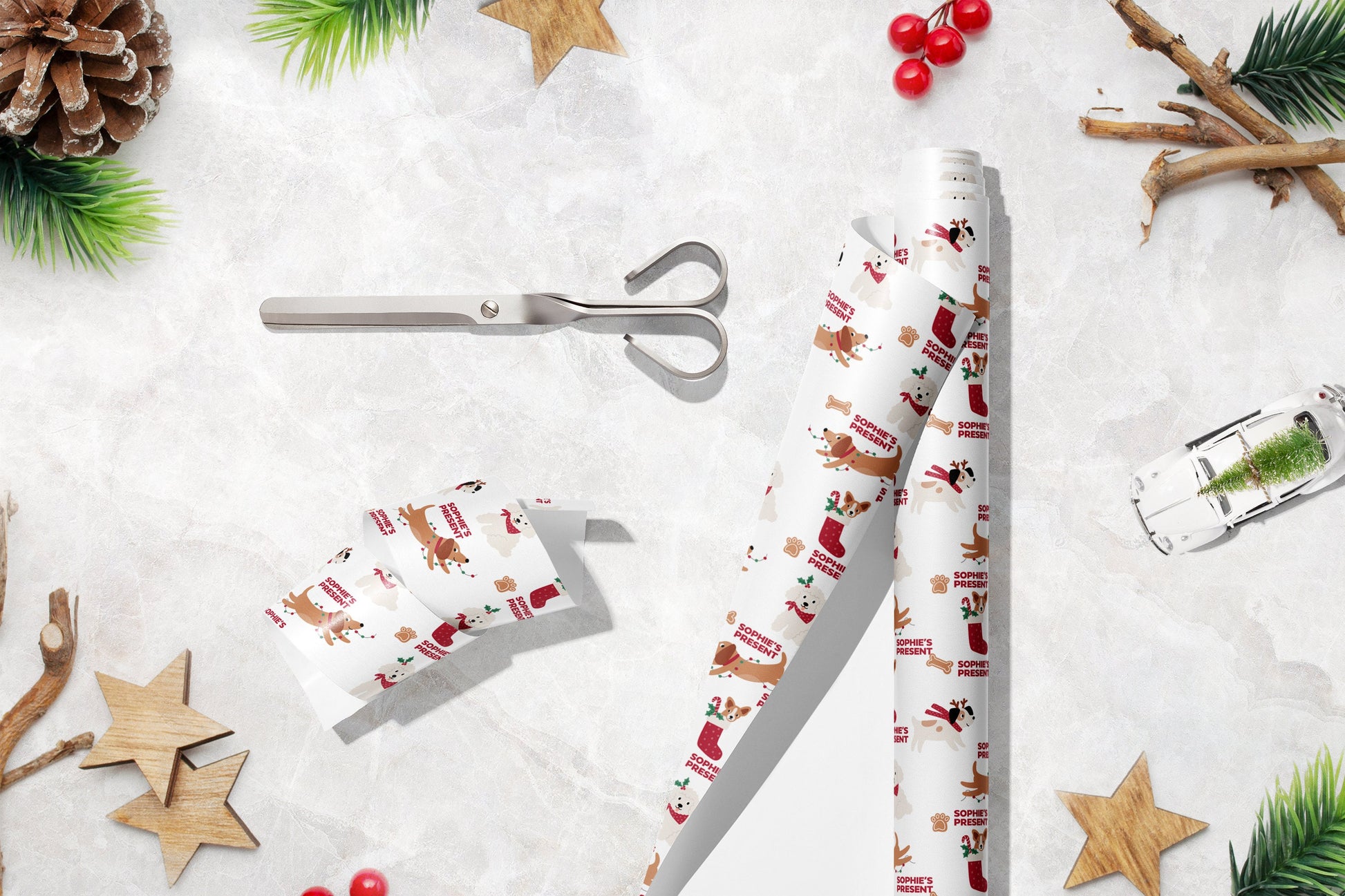 Personalised Cute Dogs Christmas Wrapping Paper, Doggy Luxury Kids Christmas Wrapping Paper, Custom Wrapping paper with name