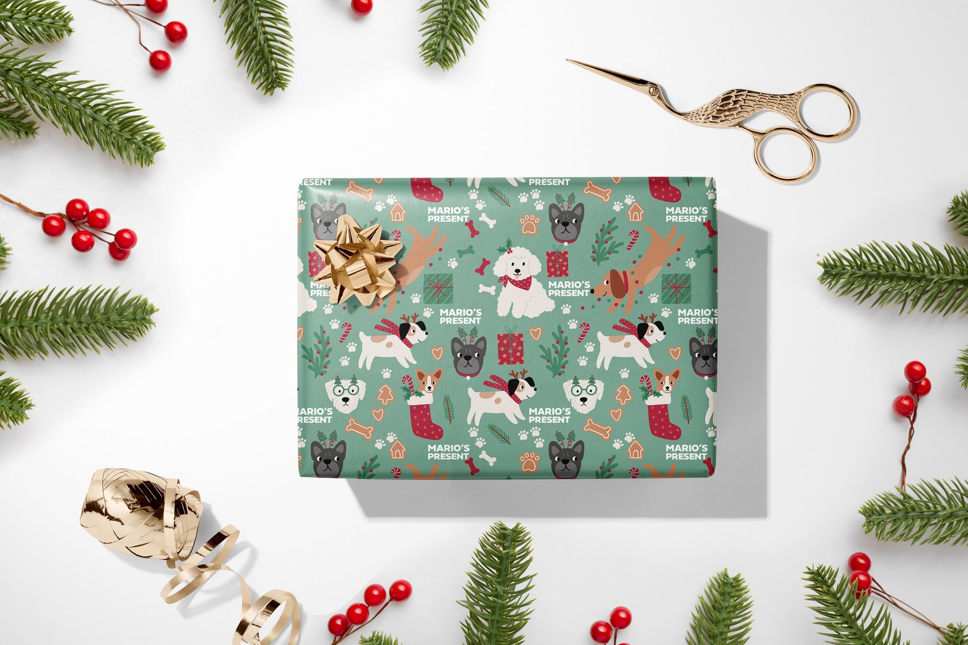 Personalised Cute Dogs Christmas Wrapping Paper, Doggy Luxury Kids Christmas Wrapping Paper, Custom Wrapping paper with name