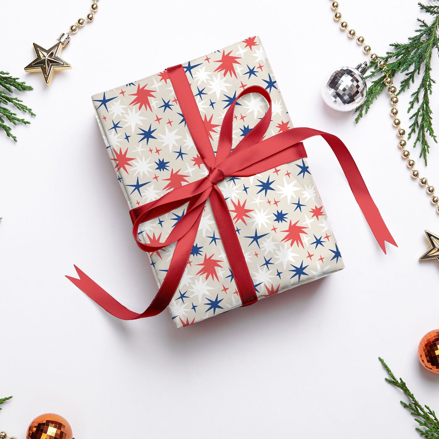 Luxury Christmas Wrapping Paper, Henri Matisse Inspired Stars Gift Wrap, Festive Wrapping Paper, Red and Blue Gift Wrapping Paper