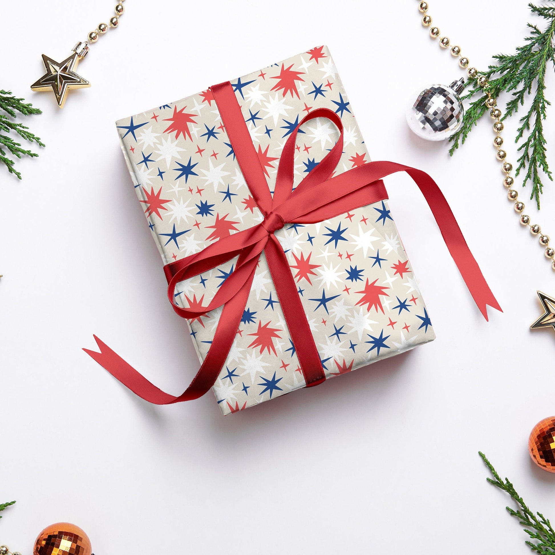 Luxury Christmas Wrapping Paper, Henri Matisse Inspired Stars Gift Wrap, Festive Wrapping Paper, Red and Blue Gift Wrapping Paper