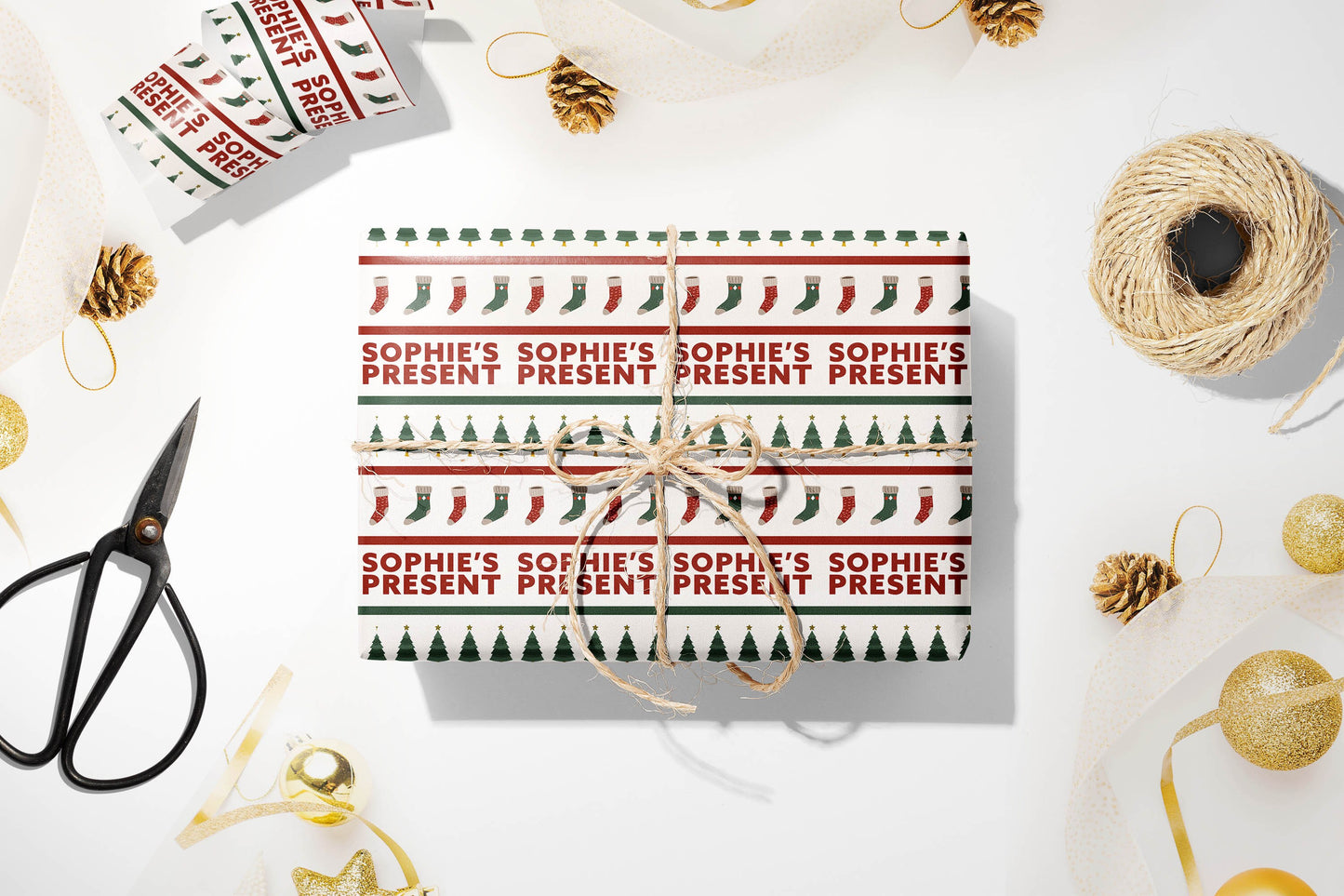 Personalised Christmas Wrapping Paper, Luxury Xmas Gift Wrap with Name, Red and Green Modern Christmas Wrapping Paper