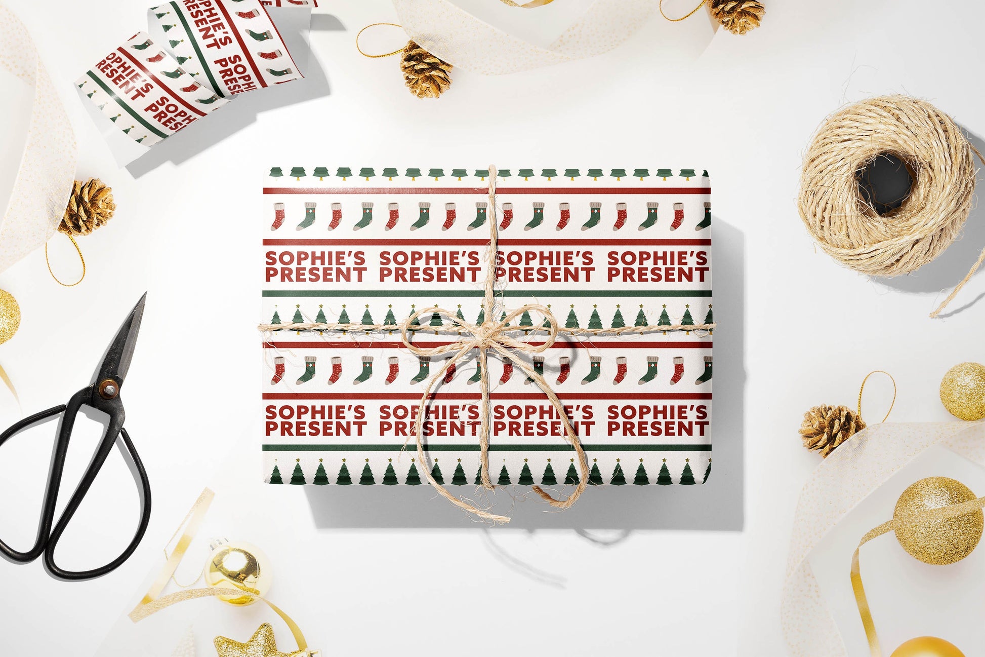 Personalised Christmas Wrapping Paper, Luxury Xmas Gift Wrap with Name, Red and Green Modern Christmas Wrapping Paper