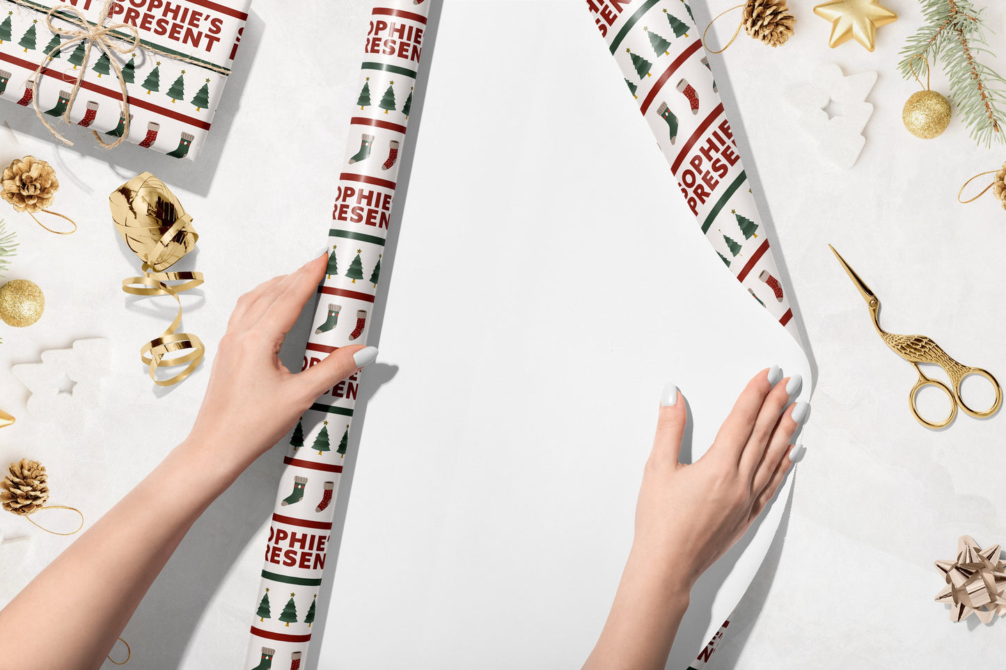 Personalised Christmas Wrapping Paper, Luxury Xmas Gift Wrap with Name, Red and Green Modern Christmas Wrapping Paper