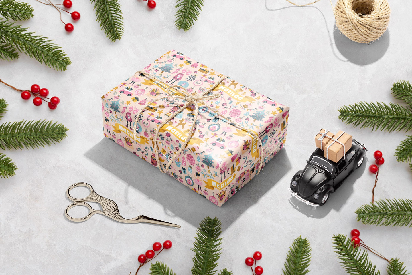 Personalised Pink Christmas Wrapping Paper, Luxury Gift Wrap, Festive Wrapping Paper, Gift Wrap, Wrapping paper with name, Girls Wrap Paper