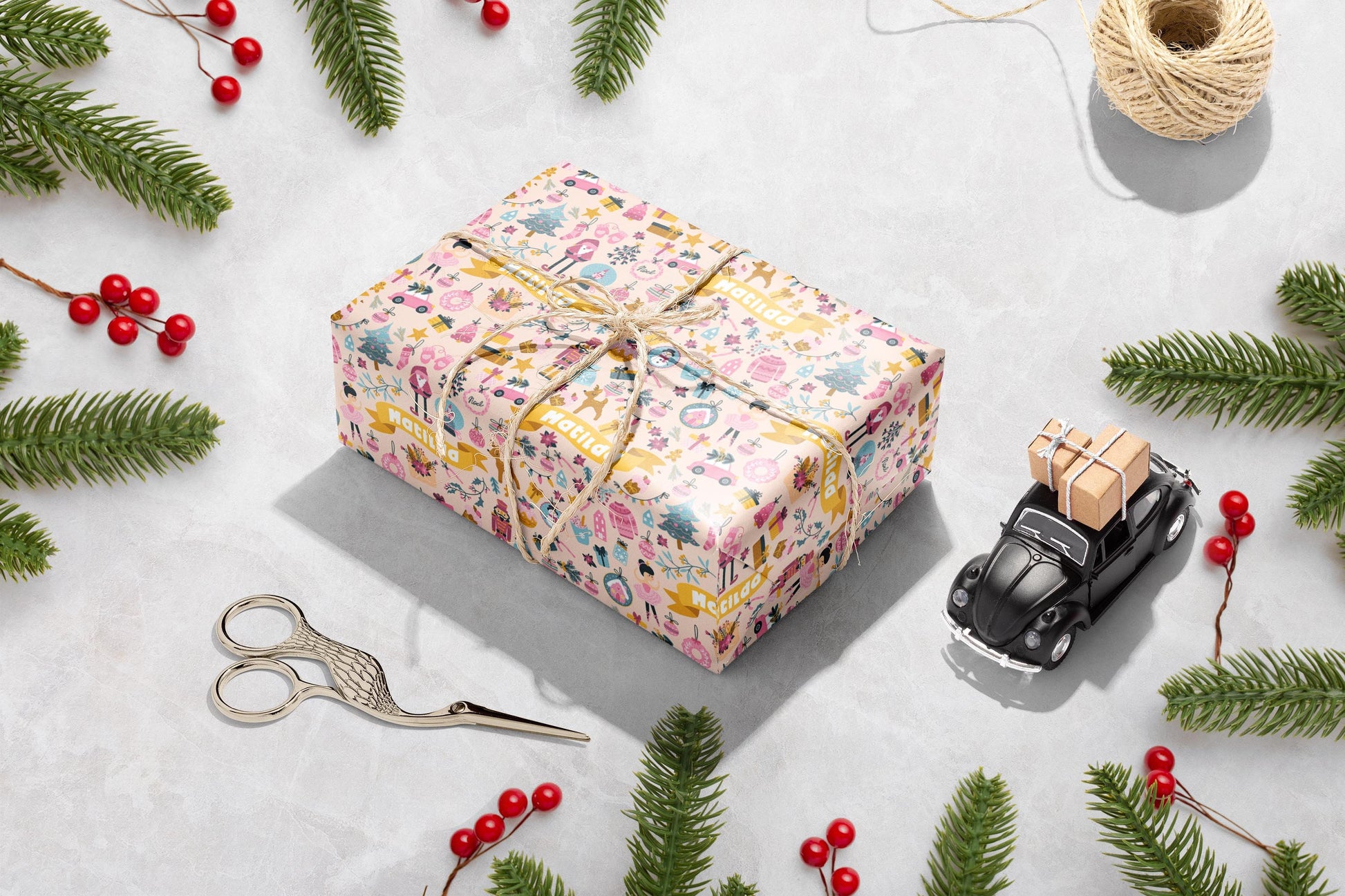 Personalised Pink Christmas Wrapping Paper, Luxury Gift Wrap, Festive Wrapping Paper, Gift Wrap, Wrapping paper with name, Girls Wrap Paper