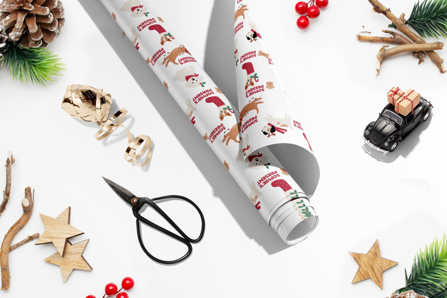 Personalised Cute Dogs Christmas Wrapping Paper, Doggy Luxury Kids Christmas Wrapping Paper, Custom Wrapping paper with name