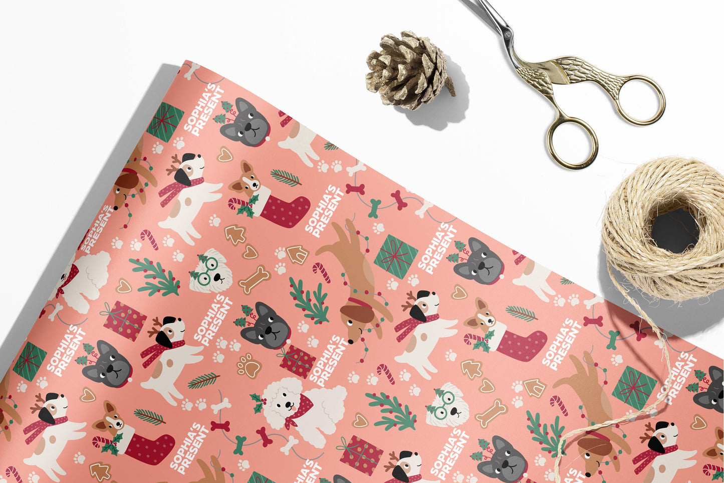 Personalised Cute Dogs Christmas Wrapping Paper, Doggy Luxury Kids Christmas Wrapping Paper, Custom Wrapping paper with name